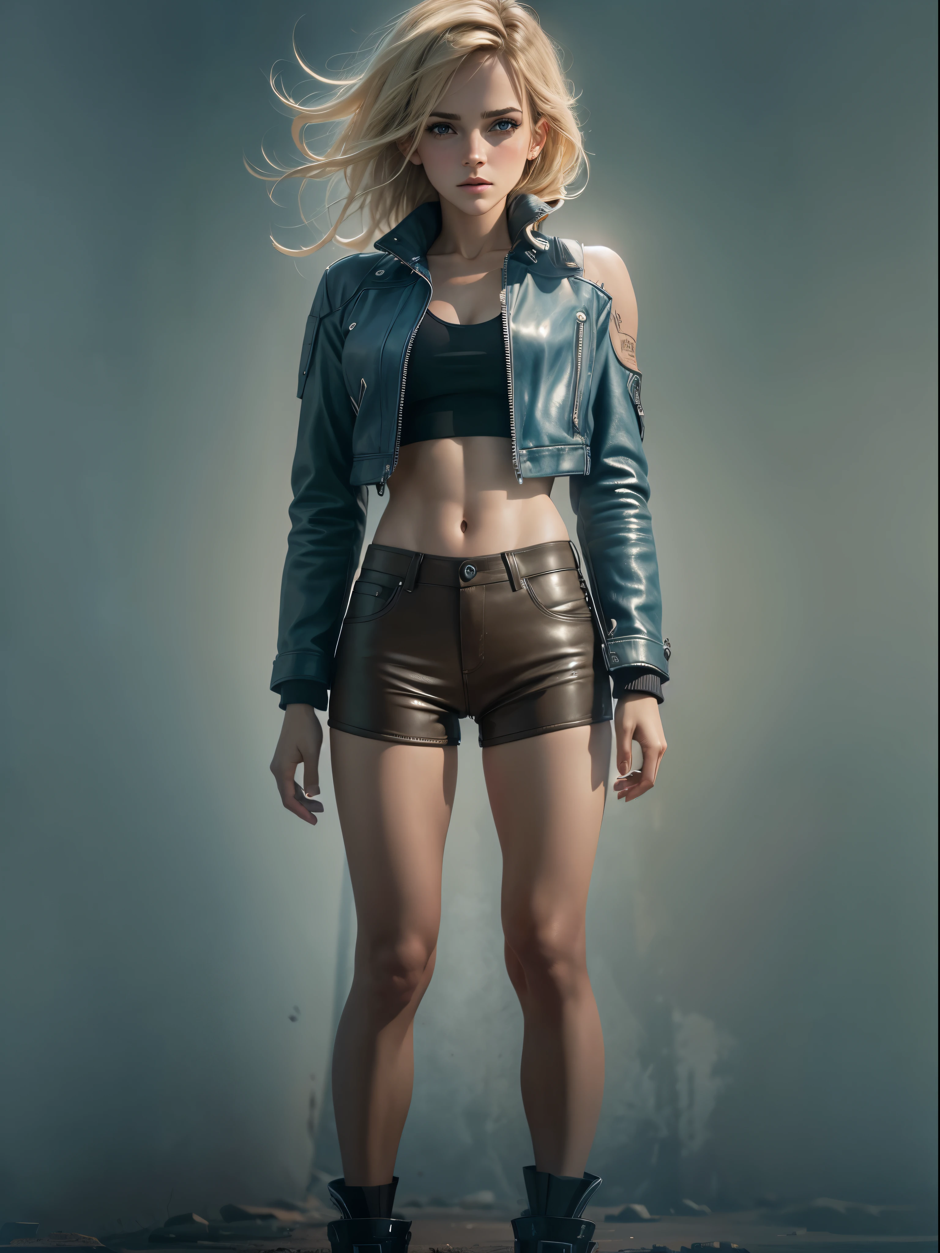 emma watson does it ,blonde. Shining blue eyes that speak of innocence and acceptance. Slender frame and beautiful figure. Tight leather shorts. crop top. Outside the spacecraft. Muscles exposed through torn clothes. SF. from the back. please reconsider.RAW photo, Shapuri, by lee jeffries nikon d850 film stock photo graph 4 kodak portra 400 camera f1.6 lens rich colors hyper 現実的な lifelike texture dramatic lighting unrealengine trending on artstation cinestill 800,