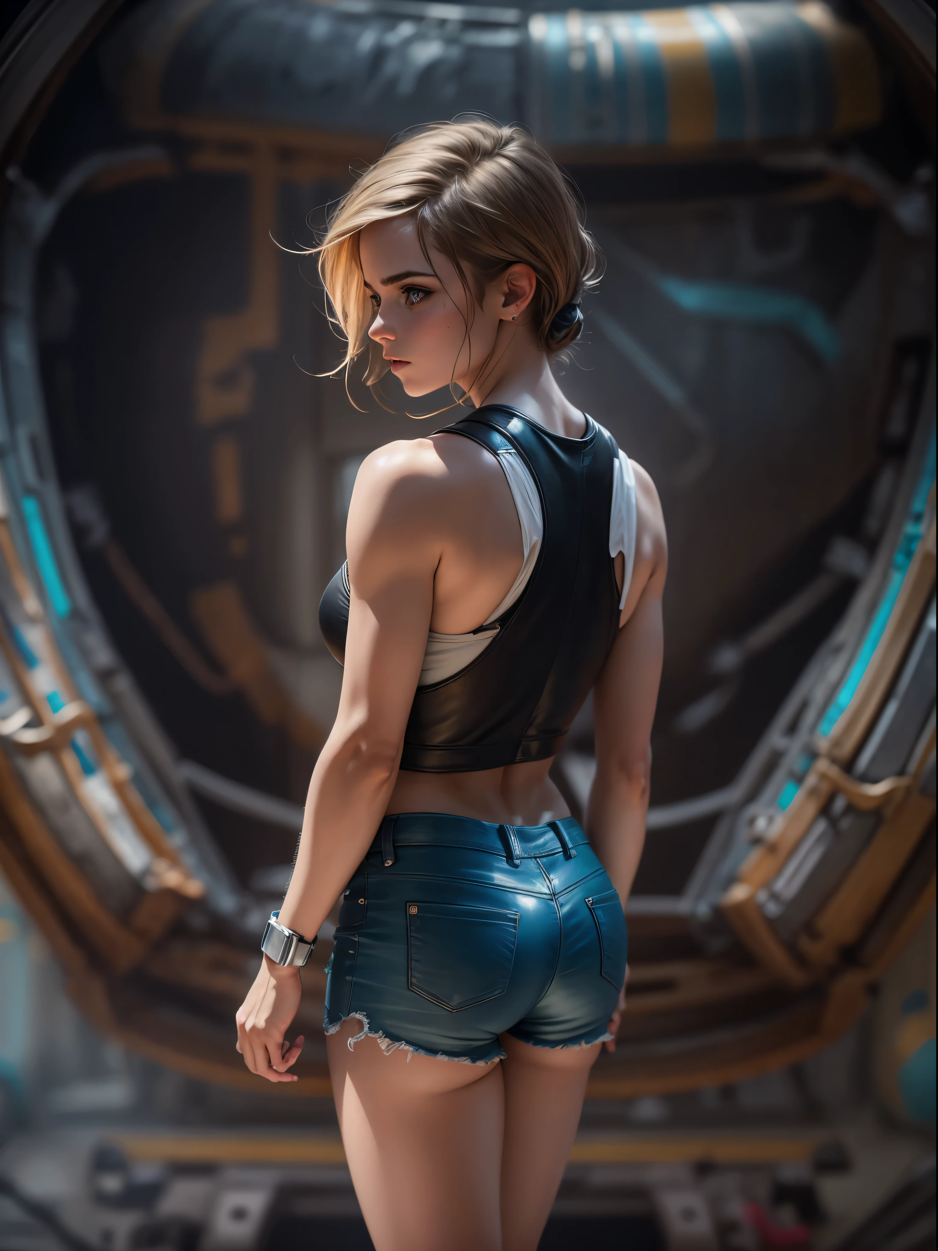 emma watson does it ,blonde. Shining blue eyes that speak of innocence and acceptance. Slender frame and beautiful figure. Tight leather shorts. crop top. Outside the spacecraft. Muscles exposed through torn clothes. SF. from the back. please reconsider.RAW photo, Shapuri, by lee jeffries nikon d850 film stock photo graph 4 kodak portra 400 camera f1.6 lens rich colors hyper 現実的な lifelike texture dramatic lighting unrealengine trending on artstation cinestill 800,