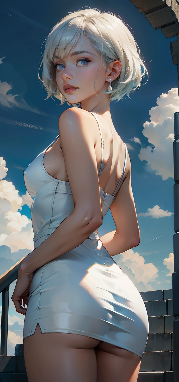 (Angel) ,Slim,wearing a short white cocktail dress,pearl earrings, Pornographic exposure, solo,(Background with:clouds) She has short white hair, pixie cut,arms above head dancing, seen from the front, mostly cloudy sky,(((tmasterpiece),(Very detailed CG unity 8K wallpaper),best qualtiy,cinmatic lighting,detailed back ground,beatiful detailed eyeright pupils,(Very fine and beautiful),(Beautiful and detailed eye description)blue eyes,ultra - detailed,tmasterpiece,)),facing at camera,A high resolution,ultra - detailed)
