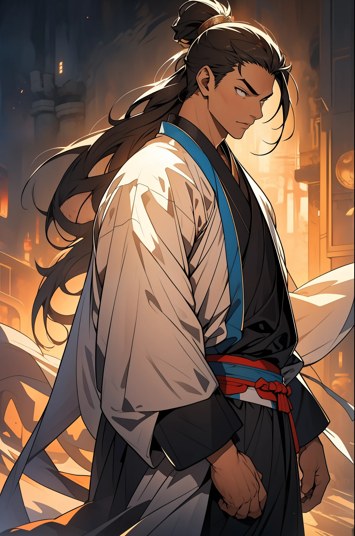 A Chinese man, clad in a Tang suit and wearing a white hanfu, stands facing the camera with a cold expression, his long black hair cascading down his shoulders. The scene is set against a simple, white background, illuminated by side light giving the image a pixelated texture with an aspect ratio of 9:16. The whole body of the man is depicted in high detail, from the intricate patterns of his Tang suit to the textured fabric of his hanfu, and the side view allows for a detailed examination of his muscular build. The pixelated texture adds an artistic touch to the image, enhancing its visual appeal.