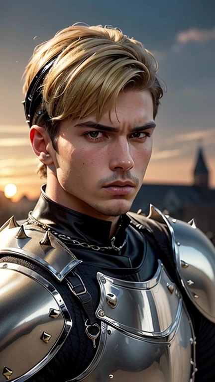 ((best quality: 1.5)) ((masterpiece: 0.8)), intricate details, sharp focus, professional, photorealistic, real life, realistic representation of the face, ((((solo, male) muscular assassin, golden hour, (intense expression)))) dynamic action pose, homely face, in the style of realistic and hyper detailed renderings, medieval church, stained glass, solo, BREAK; BREAK ((((short undercut hair, [ginger:blonde hair:0.4])))), (blemish: 0.7), ((fujicolor)), BREAK; BREAK ((((medieval male man masculine paladin, ((lacquered black carbon armor:1.5, weapon, knight, (chrome rivets))), waist chain, photorealistic, hyper-realistic))))