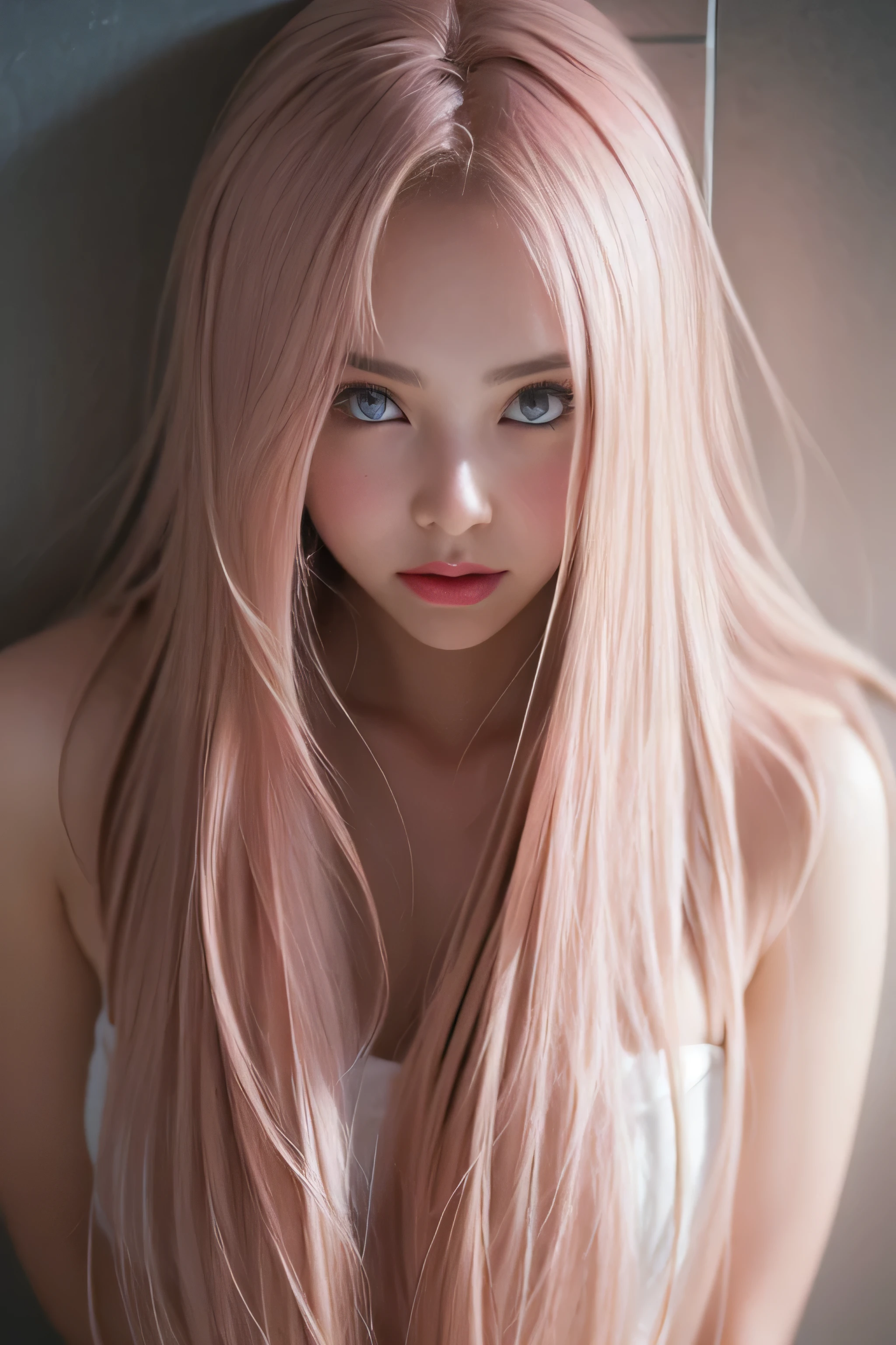 sexy girl in bathroom,charming eyes,heartwarming action,turn away from the camera,bent down,bend over,turn back,please raise your head,thick long hair,highly detailed body,highly detailed face,highest quality、(pink good),