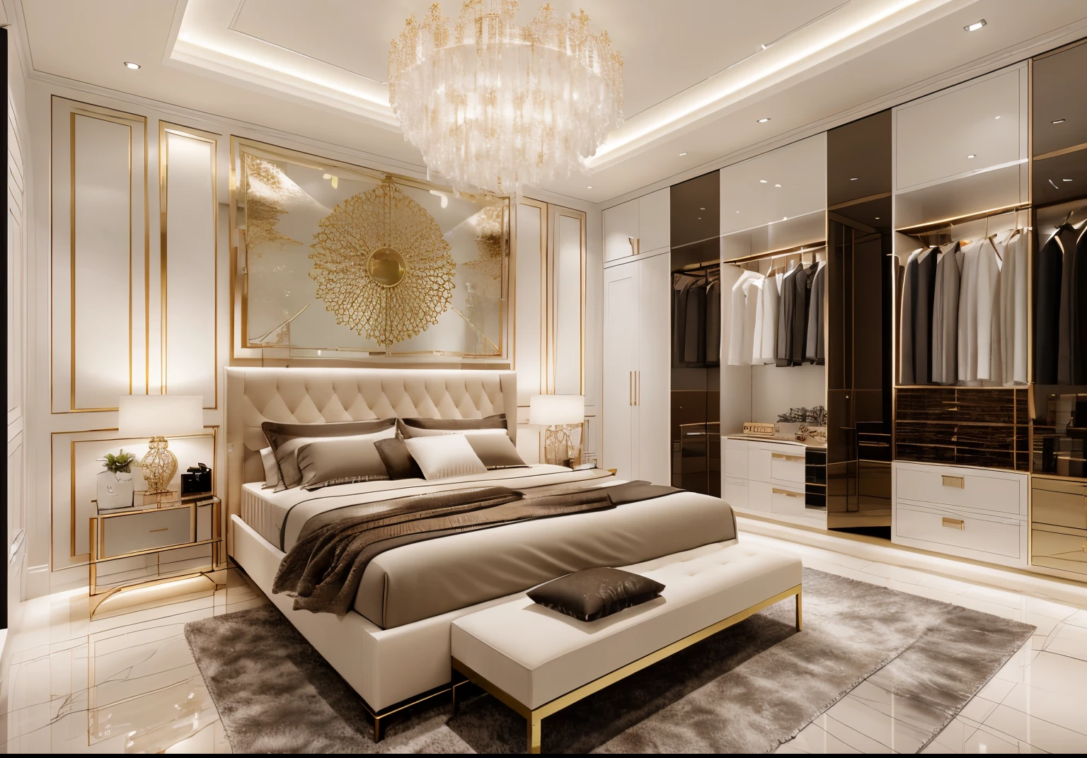 Modern bedroom design, luxurious interior, ((high resolution image, 8k, detailed anatomy of each object, rough surface, super detailed, super realistic, beautiful) spotless , surreal , spacious space , full light