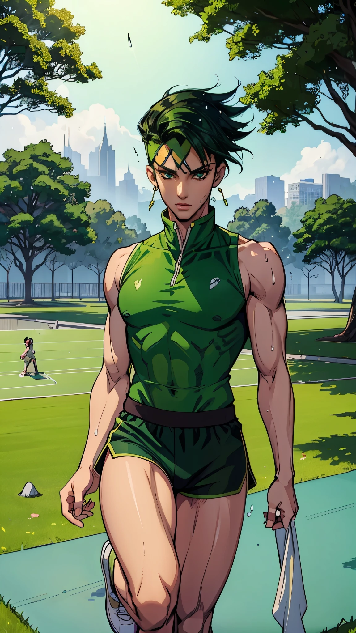 tailed),(beautiful and aesthetically pleasing:1.2), ((1 man)), Rohan Kishibe, adult, Perfect body, green hair, ((Green eyeale body, male focus, detailed eyes and face, full body, sports short shorts, sport top, sneakers, playing sports on the lawn in the yard, yoga mat, do the exercises, green grass, trees, morning, sexy look, droplets of sweat on the body