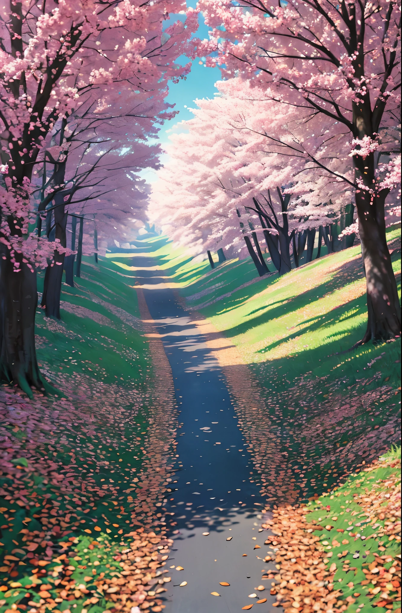 Peaceful and serene image. Gentle rustling of leaves. Road untouched. Tall trees provide shelter. Warm sun creates happiness.