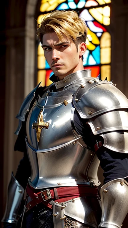 ((best quality: 1.5)) ((masterpiece: 0.8)), intricate details, sharp focus, professional, photorealistic, real life, realistic representation of the face, ((((solo, male) muscular assassin, golden hour, (intense expression)))) dynamic action pose, homely face, in the style of realistic and hyper detailed renderings, medieval church, stained glass, solo, BREAK; BREAK ((((short undercut hair, [ginger:blonde hair:0.4])))), (blemish: 0.7), ((fujicolor)), BREAK; BREAK ((((medieval male man masculine paladin, ((lacquered black carbon armor, breastplate, weapon, knight, (chrome rivets))), waist chain, photorealistic, hyper-realistic))))