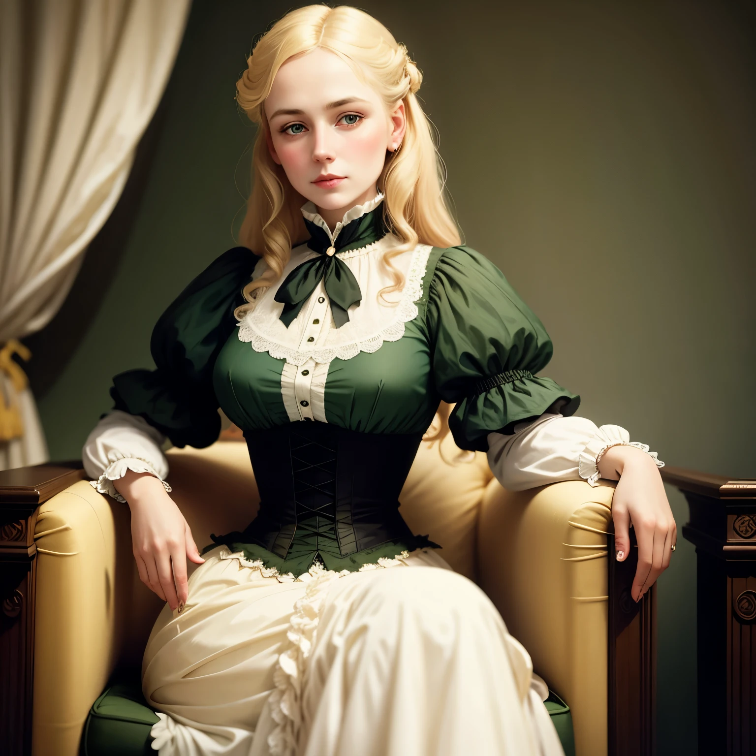 A adult girl in realistic portrait of high quality and detail, Ella Freya (model), Long blonde hair pulled back in a ponytail on her left shoulder. She also has blue eyes and beautiful makeup. She is wearing a black Victorian maid's dress and high-heeled shoes. So she wears round glasses with diopters. big breast, glow, eye shadow, 1girl, Depth & Perspective, smiling on her face, fine face, She stands in the middle of the bedroom, indoors, sunlight from windows, day time, looking at viewer, (ultra-high detail:1.2), Masterpiece, Best Quality, Ultra-detailed, Cinematic lighting, 8K, delicate features, cinematic, 35 mm lens, f/1.9, highlight lighting, global lighting –uplight –v 4, cinematic, Cinematic lighting, 8K, high quality, Highest Quality, (Solo Focus), (extremly intricate:1.3), (Realistic), masterful, Analog style, (Film grain:1.5), (warm hue, cold tone), 