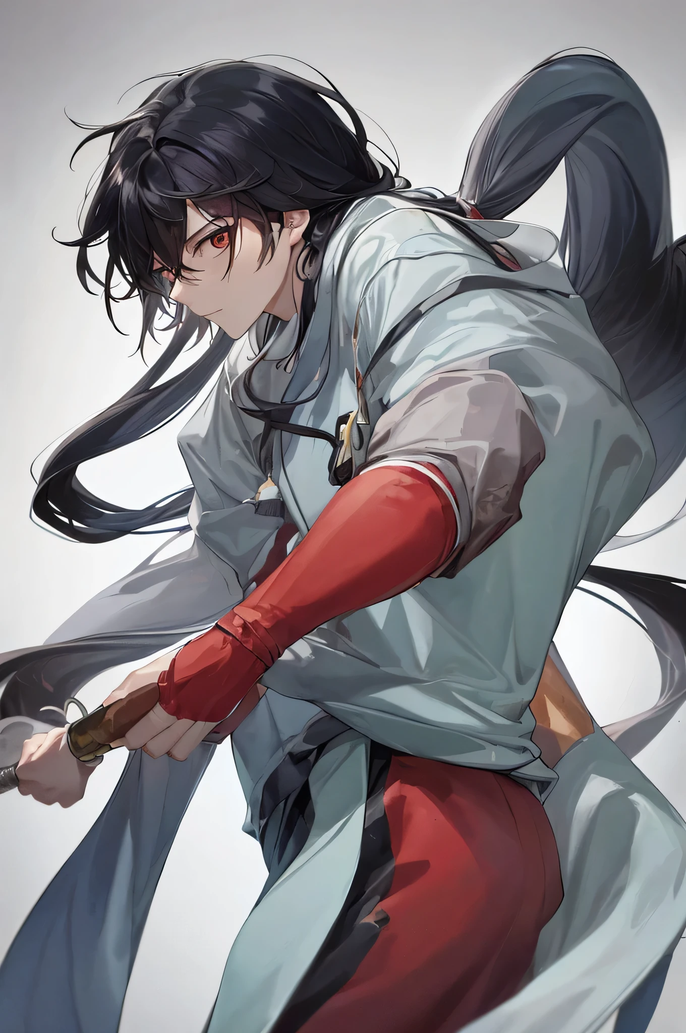 a chinese man, Wearing a Tang costume，Long black hair shawl, Stand facing camera in side view. Hold the sword tightly in your right hand, Exuding perseverance and courage under the cold, Side lit white background. Pixelate images, Aspect ratio is 9:Palette of 16 and five shades (Negi), Adds to the traditional and majestic atmosphere.