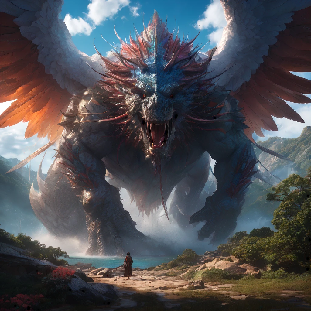 Giant creature, aesthetic, extremely detailed, Giant Creature, Mage, Angel, Detailed, a masterpiece digital painting by Greg Rutkowski and James Gurney, trending on Artstation, tube casting, angels are flying, Creature, Monster Hunter Illustrations art book, giant, Moebius, Greg Rutkowski, Zabrocki, Karlkka, Jayison Devadas, Phuoc Quan, trending on Artstation, 8K, ultra wide angle, zenith view, pincushion lens