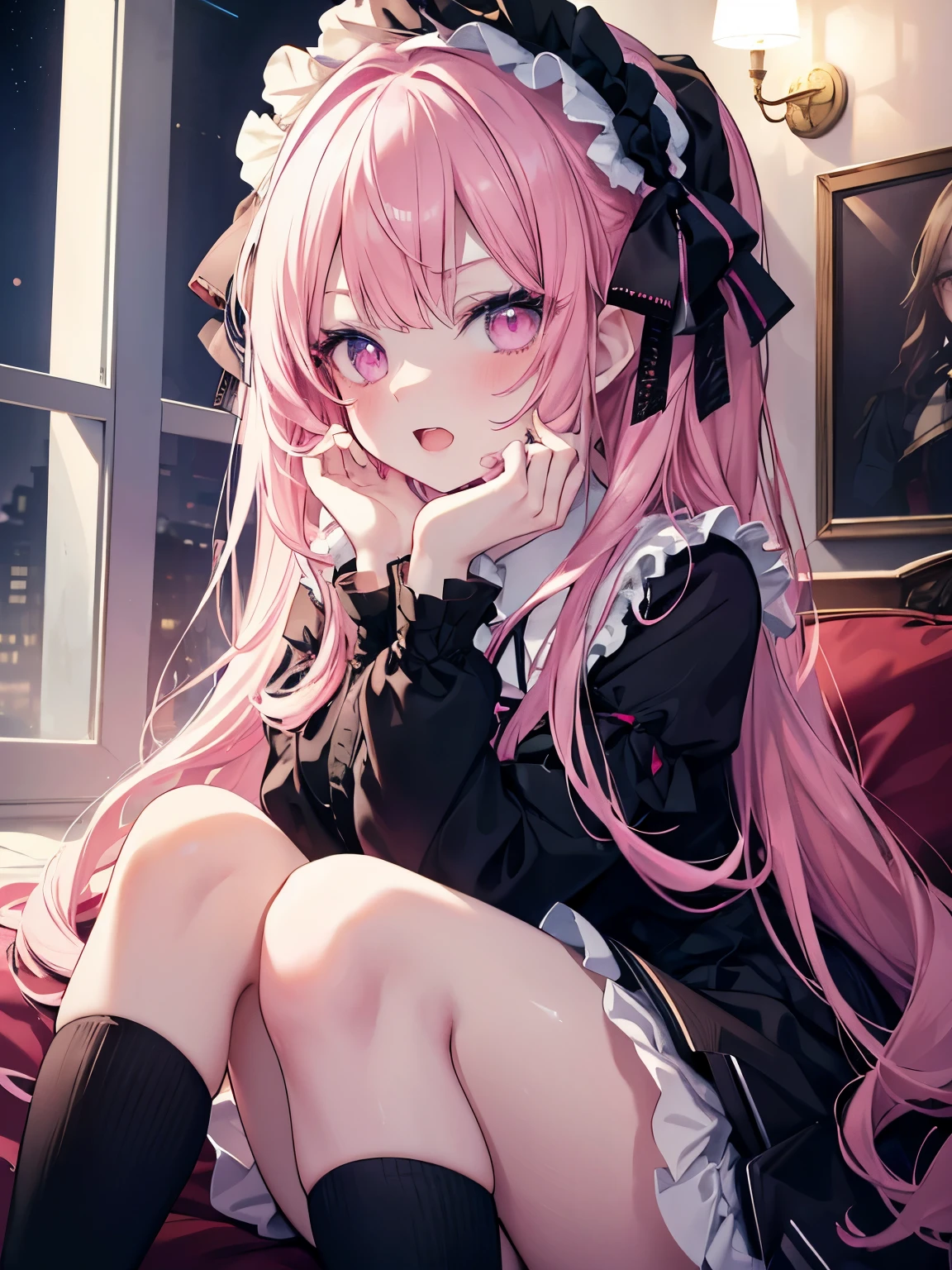 masutepiece, Highest Quality, (Perfect face:1.1), (high detailing:1.1), (ultradetailed eyes), Dramatic, superfine illustration, Extremely detailed,1girl in, teenager,(pale skin), Happy, Laugh, Enjoy,Open mouth,gloweyes,pinkhair,straight hair,Ethereal eyes, pink eye,blush, Solo,Pouty lips,Cinematic lighting, upper body,looking up, leaning forward,Long sleeve, Gothic lolita, frilld, bow ribbon,knee high socks,indoor,(night)