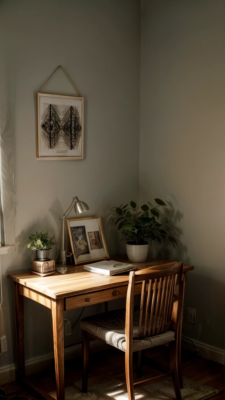 Imagine a room filled with soothing and captivating aesthetic touches. The soft glow of bedside lamps, walls adorned with artistic posters, and potted plants adorning wooden shelves in the corner. There are sheer curtains that gently allow natural light to filter in, creating a warm and inviting atmosphere in the room. In the corner, a small desk is placed with neatly arranged books, while on top of it, there is a softly lit desk lamp. Next to the bed, there is a plush rug with geometric patterns adding an elegant touch. This room becomes the perfect space for relaxation, creativity, or simply enjoying peaceful moments in the pleasant silence.