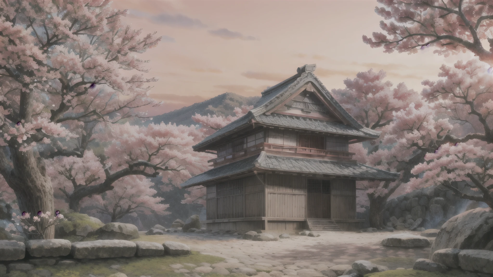 ancient japan, beautiful sakura trees with pink flowers, ancient japanes style houses, 4k realistic, natural beauty, Orange sky, Sunset