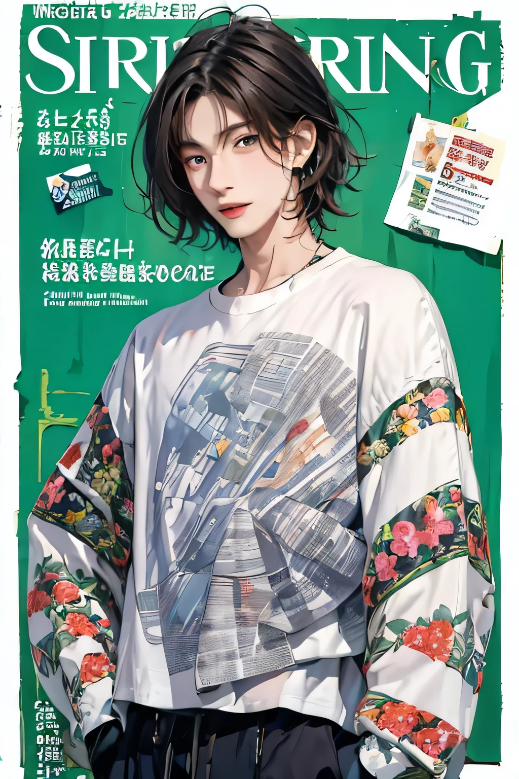masterpiece, best quality, spring clothing, Colorful hair, outdoor, magazine cover ,Upper body,young people(1.2)