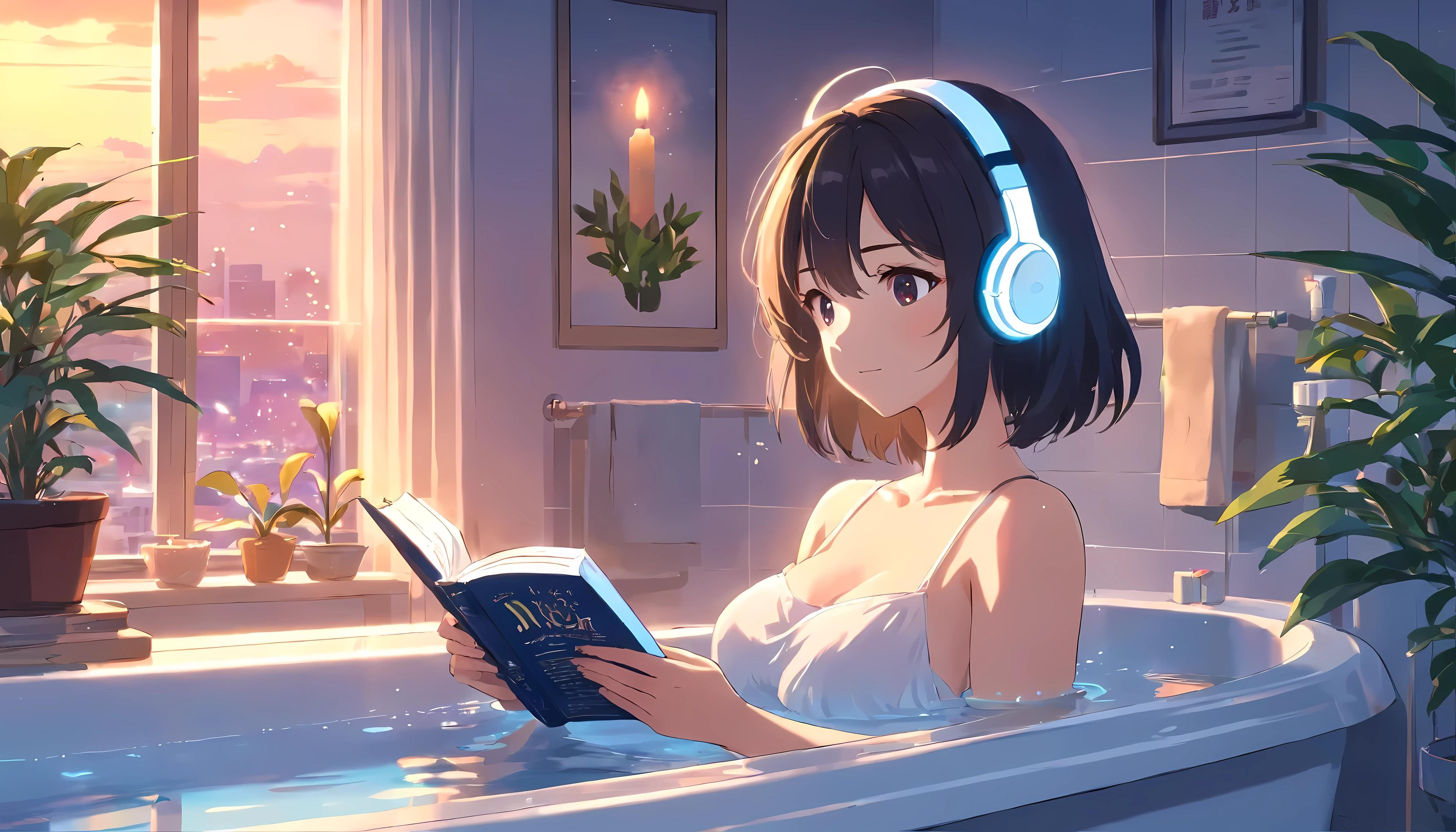 anime girl wearing White headphoness, reading a book, black hair, 29-year-old, take a bath, in the bathroom, exposed cleavage, Big breasts H cup, emphasize cleavage, Emphasize heavily, expose one's skin, lofi girl anime atmosphere, Lofiatostyle, anime style 4k, anime aesthetics, Nightcore, Lo-fi feeling, Lofiato, anime art wallpaper 4k, anime wallpaper 4k, Lo-fi atmosphere, plants in the room, City view, sunrise, White headphones, she is reading a book in the bath, Heavenly music that fills the air, A single thick candle is lit, Night city lights illuminate the bathroom, anime style, cinematic lighting, Sony FE manager, first person perspective, masterpiece, highest quality, 4k