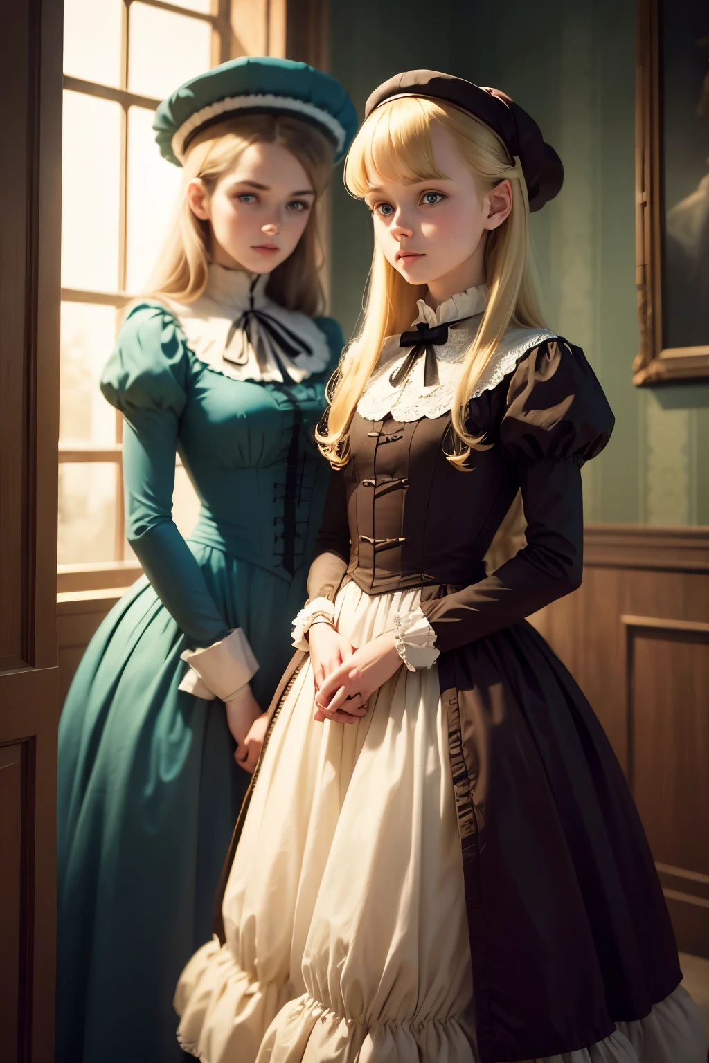 (Virginia Otis, (blond hair, blue eyes)) pose with (16 years oldald (blond hair, green eyes)). Victorian style. thin, cute face, walks at night in Canterville Castle (inspired by the novel The Canterville Ghost). aged 1887, Victorian dark fantasy