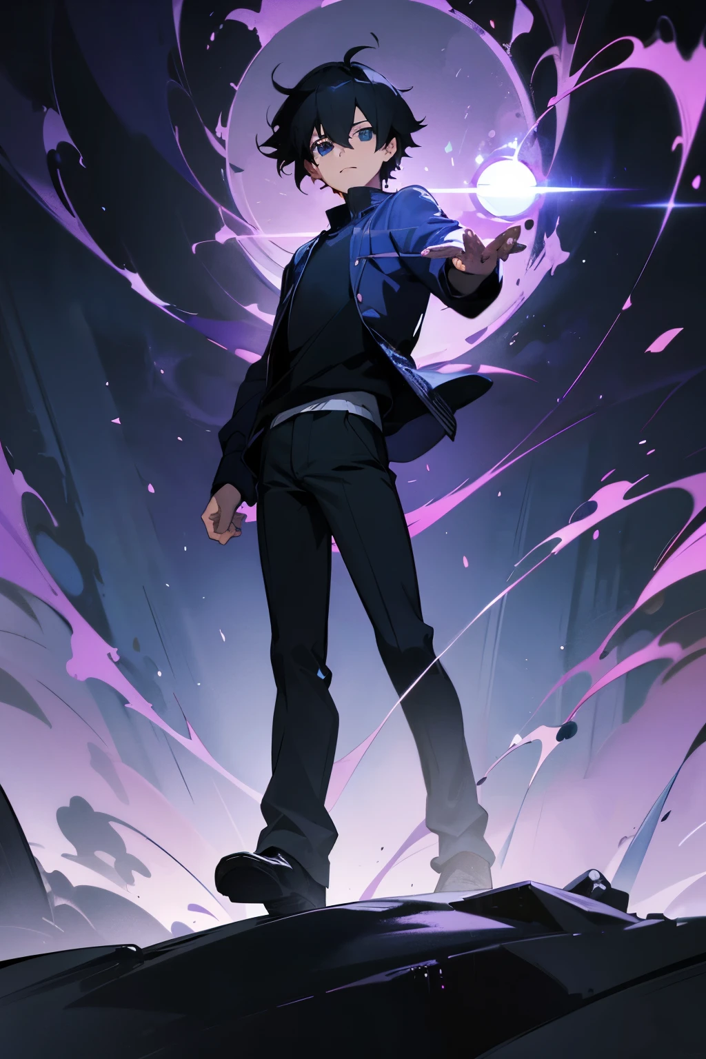 1boy, bangs, berry, black hair, black shirt, blue eyes, hair between eyes, looking at viewer, male focus, black pants, gray sweater, solo, watch, messy hair, using magic, purple magic, trending on artstation, 8k resolution, highly detailed, anatomically correct, sharp image, digital painting, concept art, trending on pixiv, style of makoto shinkai,