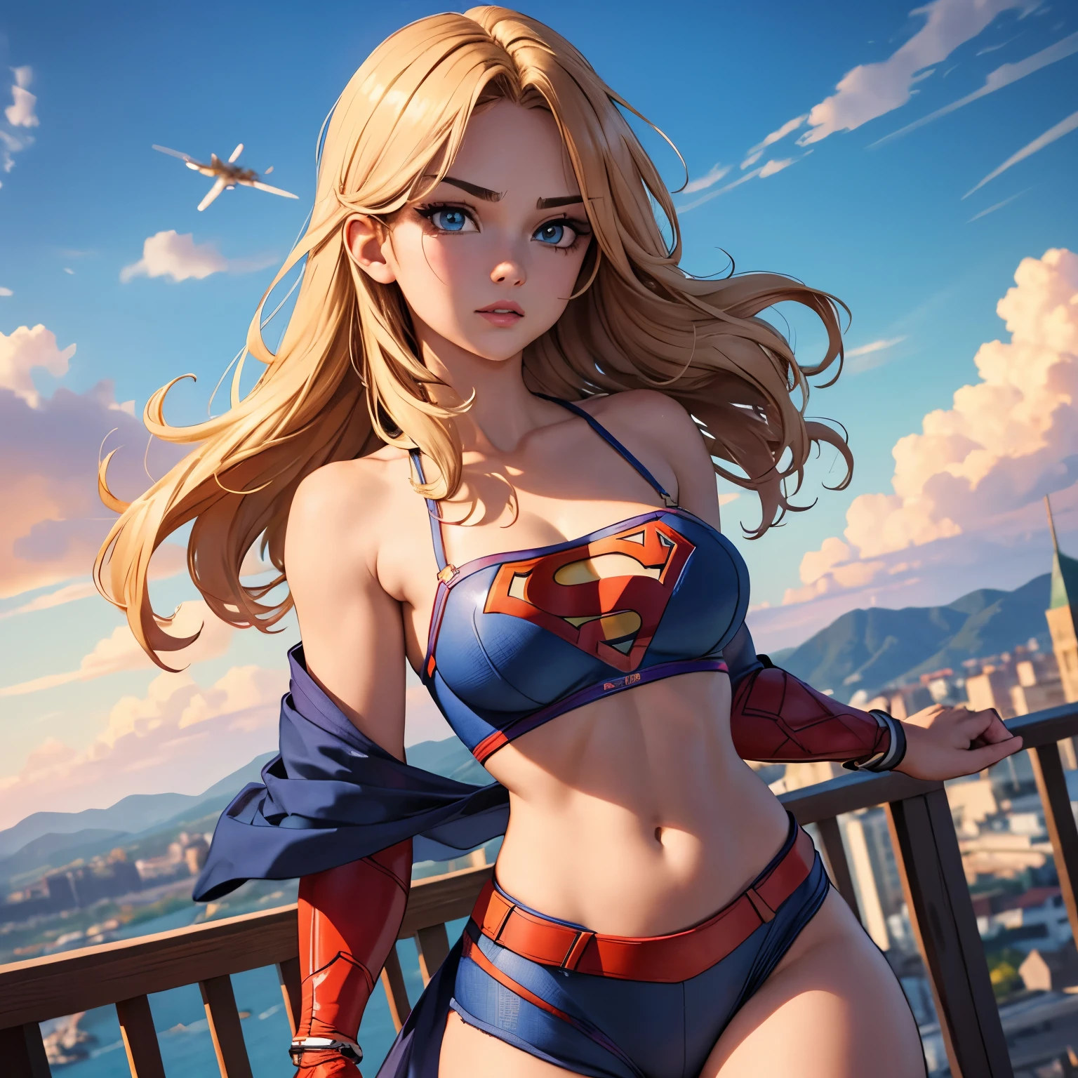 best quality, ultra-detailed, masterpiece, fine details, high res, 8k wallpaper, best quality, highres, cowboy shot, supergirl, spaghetti strap top, dynamic action, flying, doing superhero stuff, superhero, beautiful girl, woman, solo, fly, sky, cloudy sky, (cute:1.3), realistic, (cute), (detailed face), detailed eyes, detailed iris, detailed skin, masterpiece, professional photoshoot, perfect face, spaghetti strap top