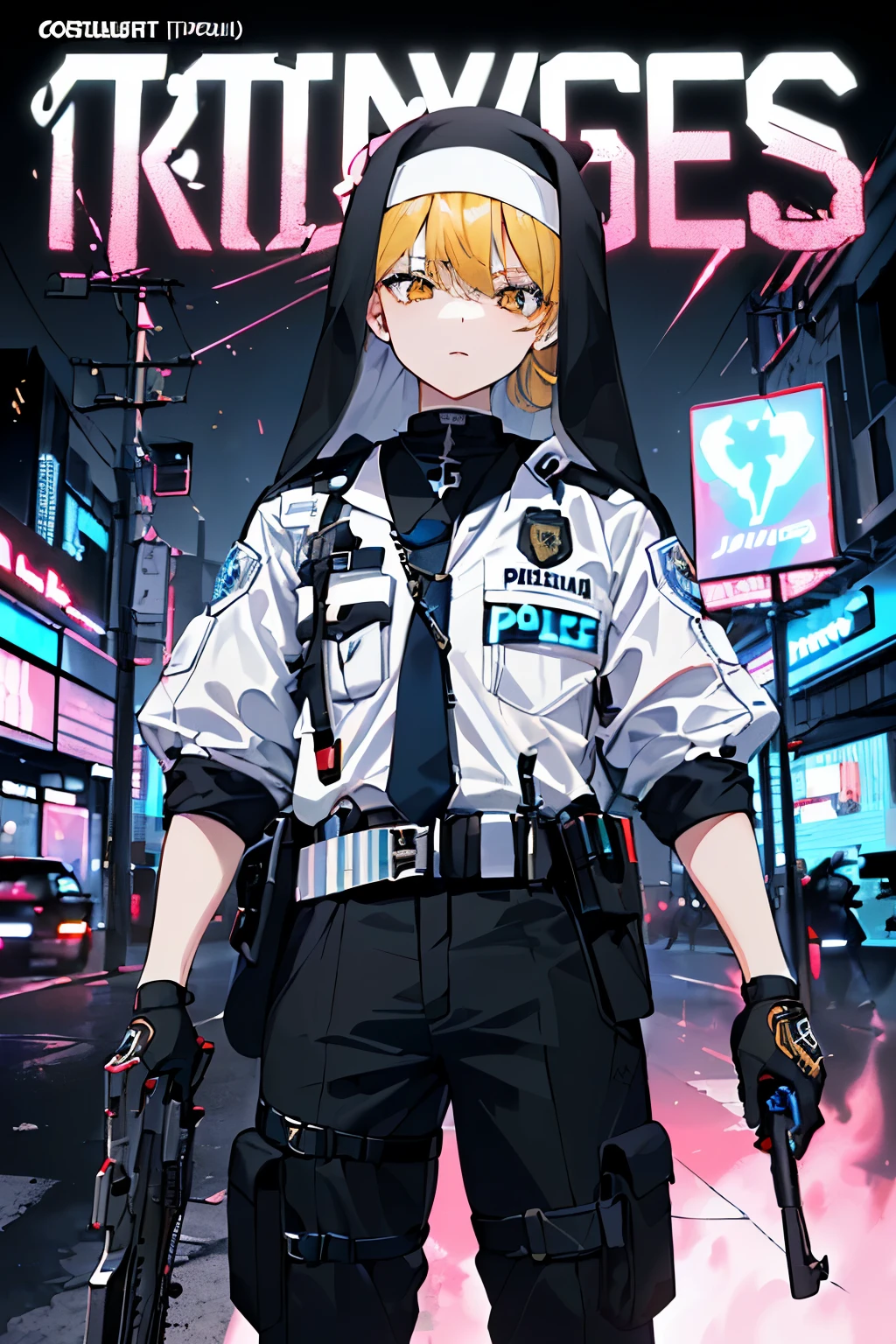 ((((Dramatic))), (((corajoso))), (((intenso))) 1 garota, Tactical (nun) police,((scifi Elementos)) ((boina roxa elementilitar cyberpunk) distintivo religioso, ((colarinho de padre)) (peito grande com mamilos pontudos), body branco amarelo, colete branco, detalhes laranja e ciano, ((mangas tigth)) Tactical straps, Tactical accesories, rifle de atirador branco e espada nas costas, pernas longas, ((police vehicle)) action stand (((design baseado em itens religiosos))) (Cidade Neon Nigth)  The fundo is dark and corajoso, with a feeling of danger and intensity. The text is audacioso and chamativo, with a cativante tagline that adds to the overall feeling of drama and excitement. The color palette is mainly dark with splashes of vibrante colors, giving the poster a dynamic and visually impressionante appearance,tachi-e
(revista:1.3), (cobrir-style:1.3), modaable, Mulher, vibrante, Roupa, posando, Frente, colorida, dynamic, fundo, Elementos, confiante, expression, containment, declaration, accessory, majestoso, enrolado, em volta, tocar, cena, text, cobrir, audacioso, chamativo, Title, fashionable, font, cativante, Title, Maior, impressionante, moderno, Tendencies, Foco, moda,