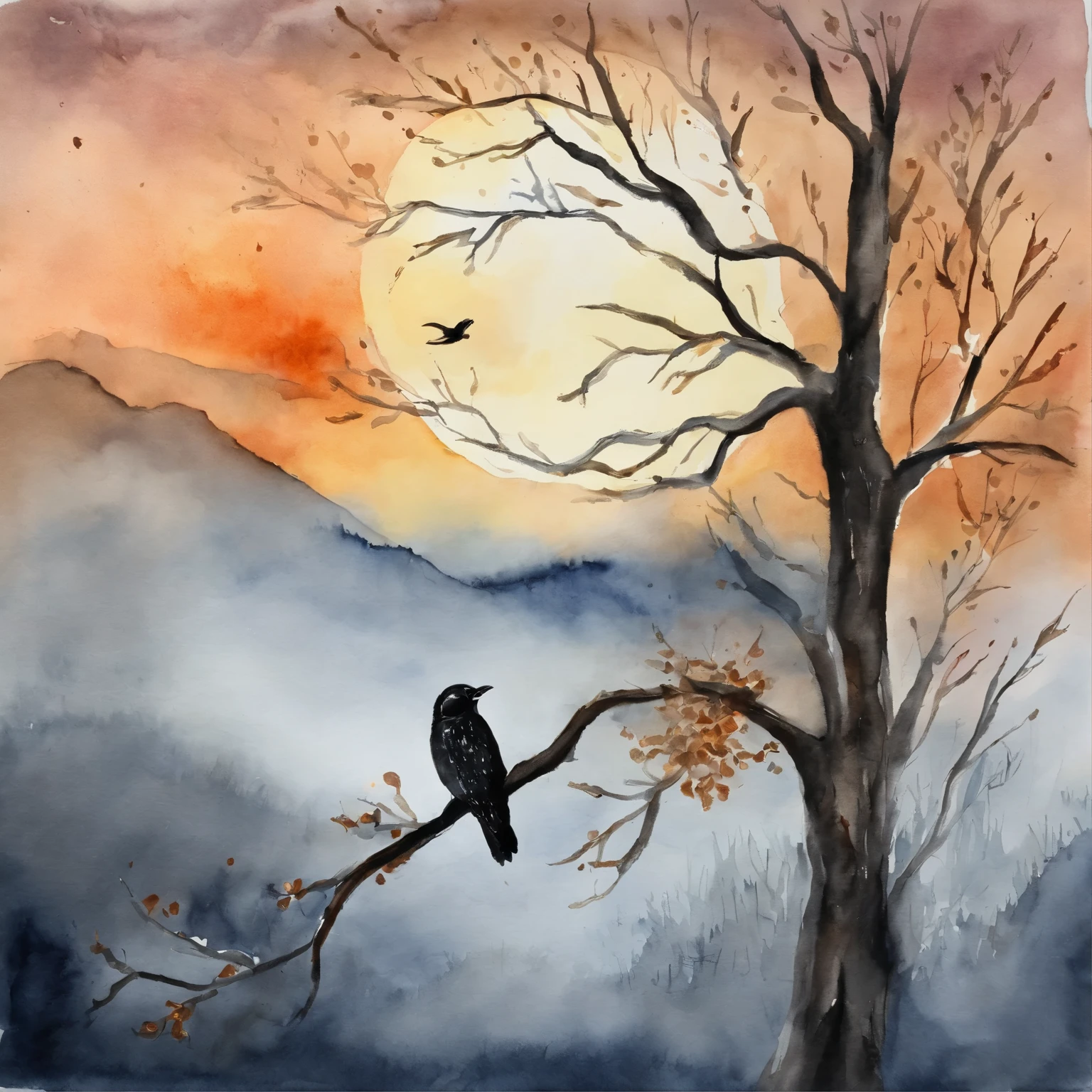 A full moon,There is a bird in the picture,And a branch。
