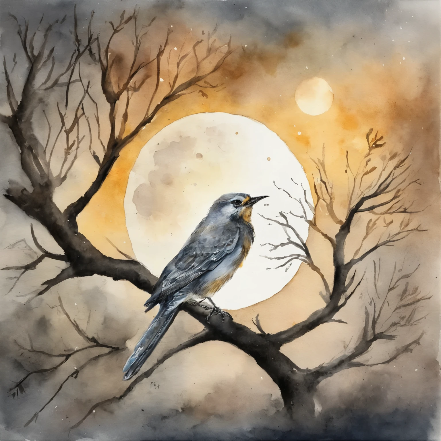 A full moon,There is a bird in the picture,And a branch。