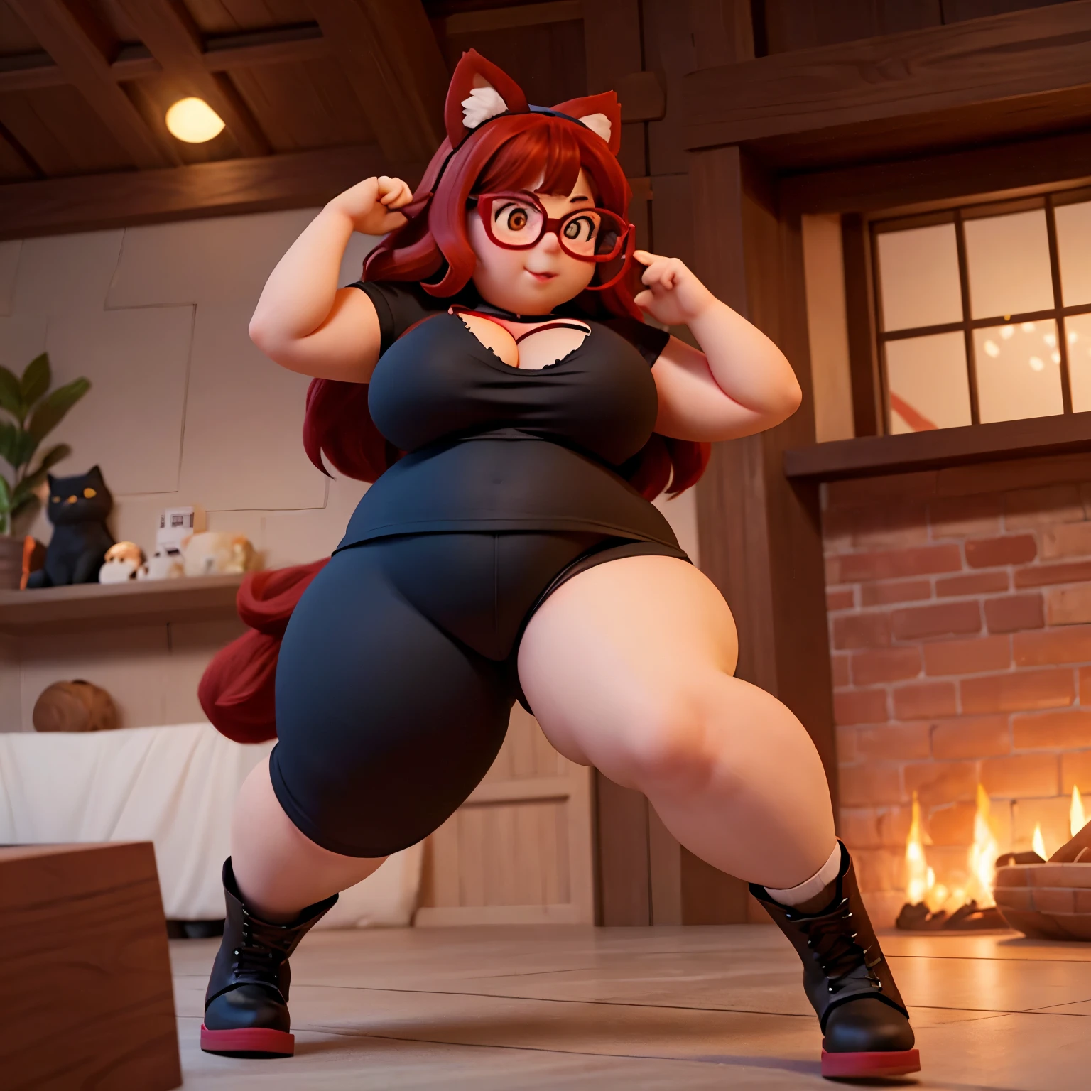 chubby, woman, thick waist, large chest, red hair, long messy hair, black cat ears on head, red glowing eyes, glasses, black short shorts, short white vest , black combat boots, fat, larger body, chubby face, face with blush, cleavage visable, boob window, cute, hot, thicc, 