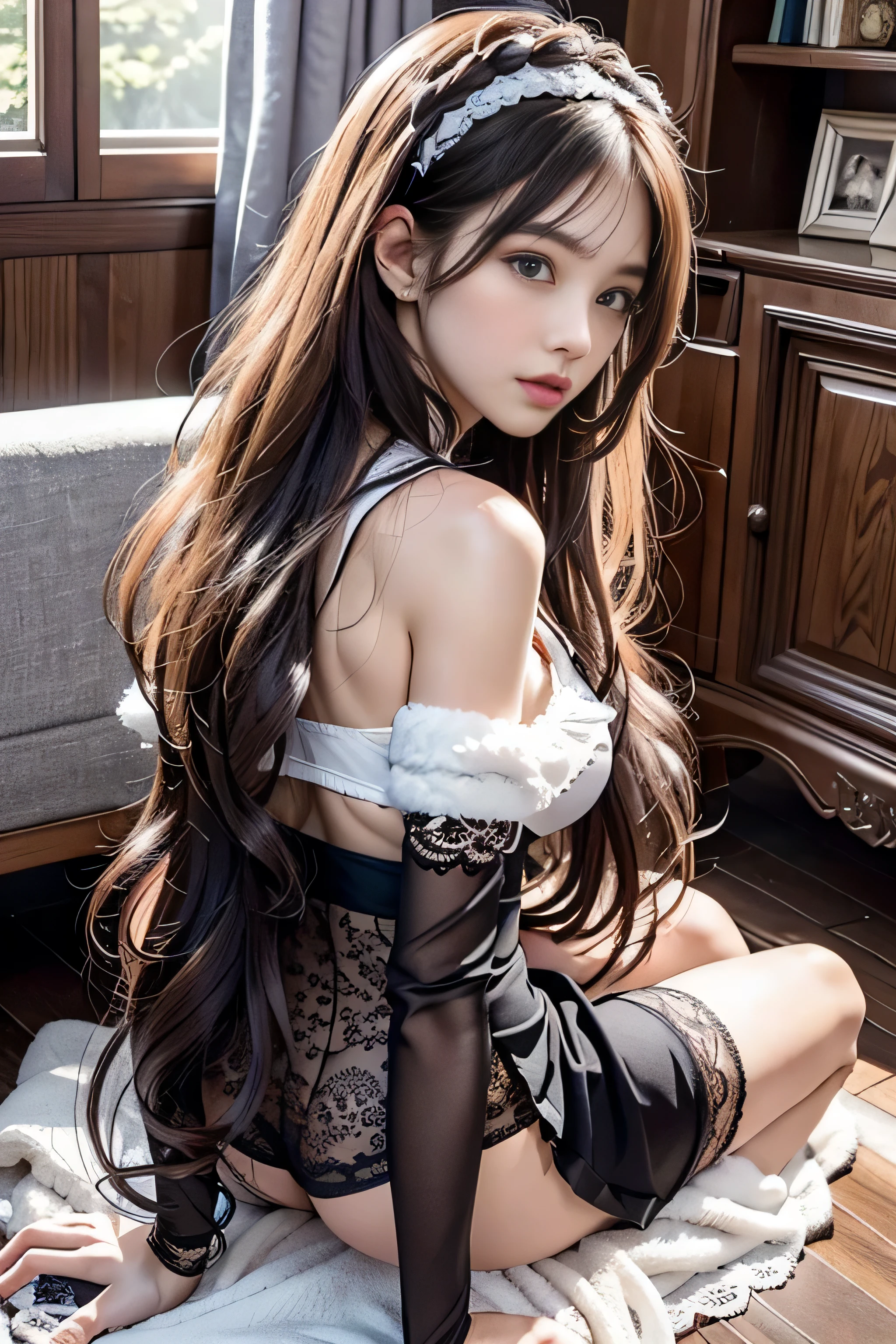 realistic, High resolution, 1 female, alone, hip up, show viewer, (detailed face), gray hair, long hair, Maid clothes, jewelry、）（cropped shoulder）、（((raise the skirt to the chest))）、）（panty shot）((Black lace panties visible)),((Stand in front of Soph)), ((Rear view)),(((Woman on all fours in front of sofa))),((( look back))), The skirt was blown up by the wind, you can see her white lace panties))),