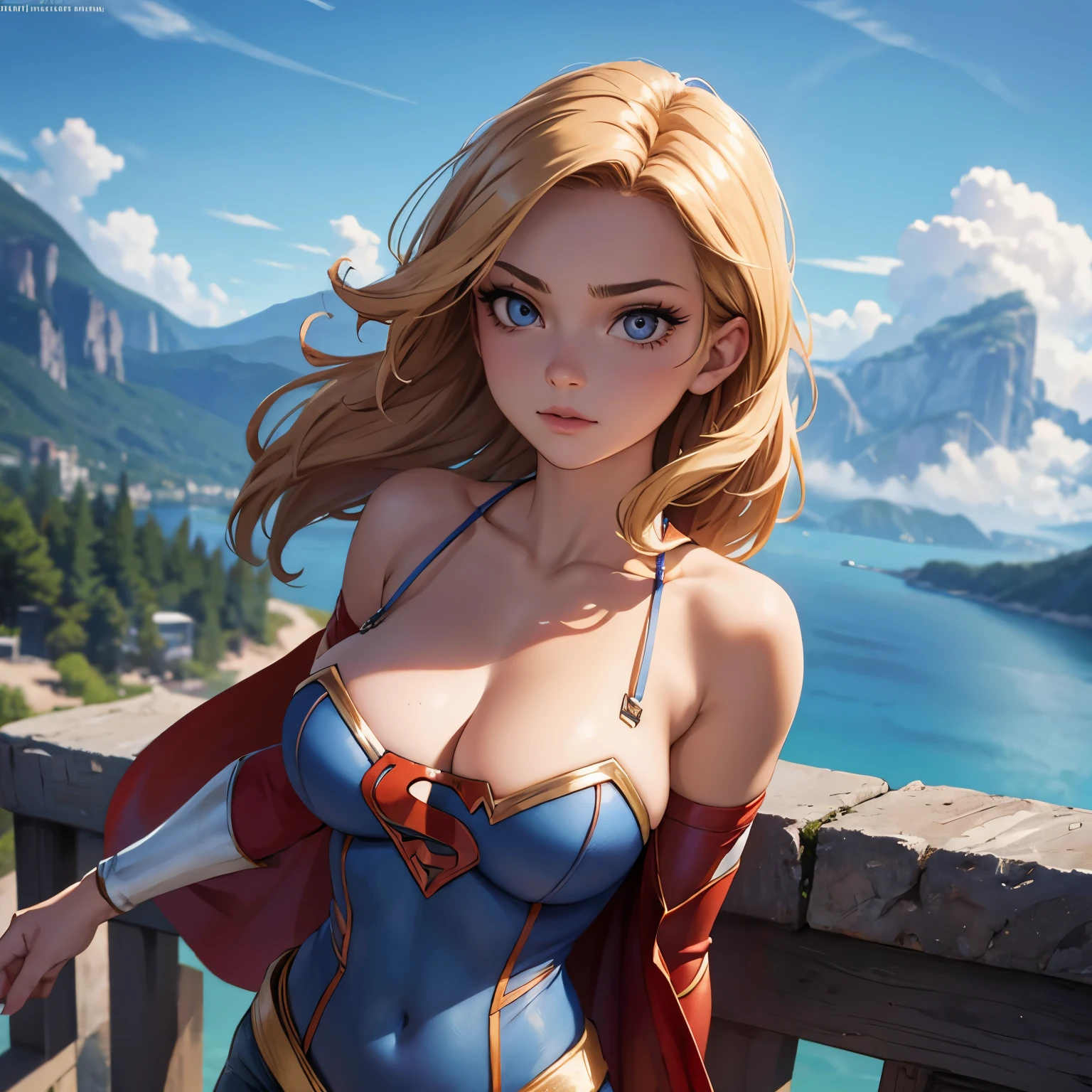 best quality, ultra-detailed, masterpiece, fine details, high res, 8k wallpaper, best quality, highres, cowboy shot, supergirl, spaghetti strap top, dynamic action, flying, doing superhero stuff, superhero, beautiful girl, woman, solo, fly, sky, cloudy sky, (cute:1.3), realistic, (cute), (detailed face), detailed eyes, detailed iris, detailed skin, masterpiece, professional photoshoot, perfect face, spaghetti strap top