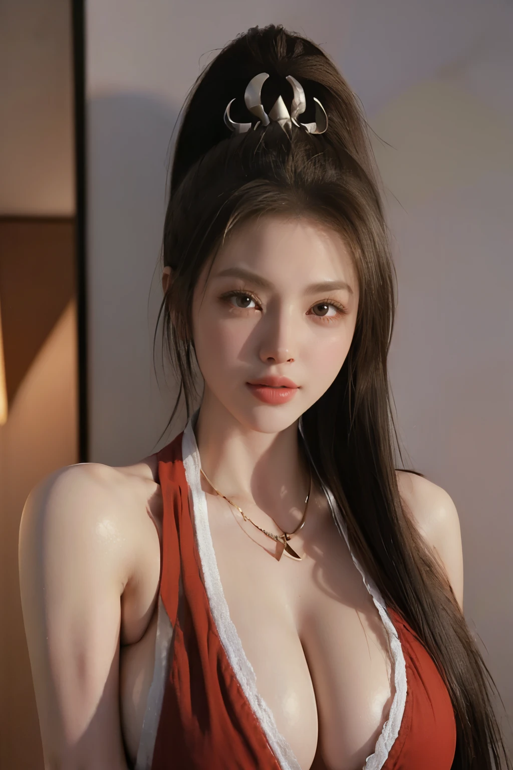 game art，best picture quality，Highest resolution，8k，(A half-length photo)，(portrait)，(Chest close-up)，(rule of thirds)，Unreal Engine 5 rendering works， (future girl)，(female warrior)， 
20-year-old girl，，Eyes with rich details，(big breasts)，Elegant and noble，indifferent，(brave)，
(Rich clothing details，)Chinese characters，fantasy style，
photo poses，wild background，lamp，Ray tracing，Game CG，((3D Unreal Engine))，OC rendering reflection pattern， huge breasts，Beauty，necklace，earrings，ponytail