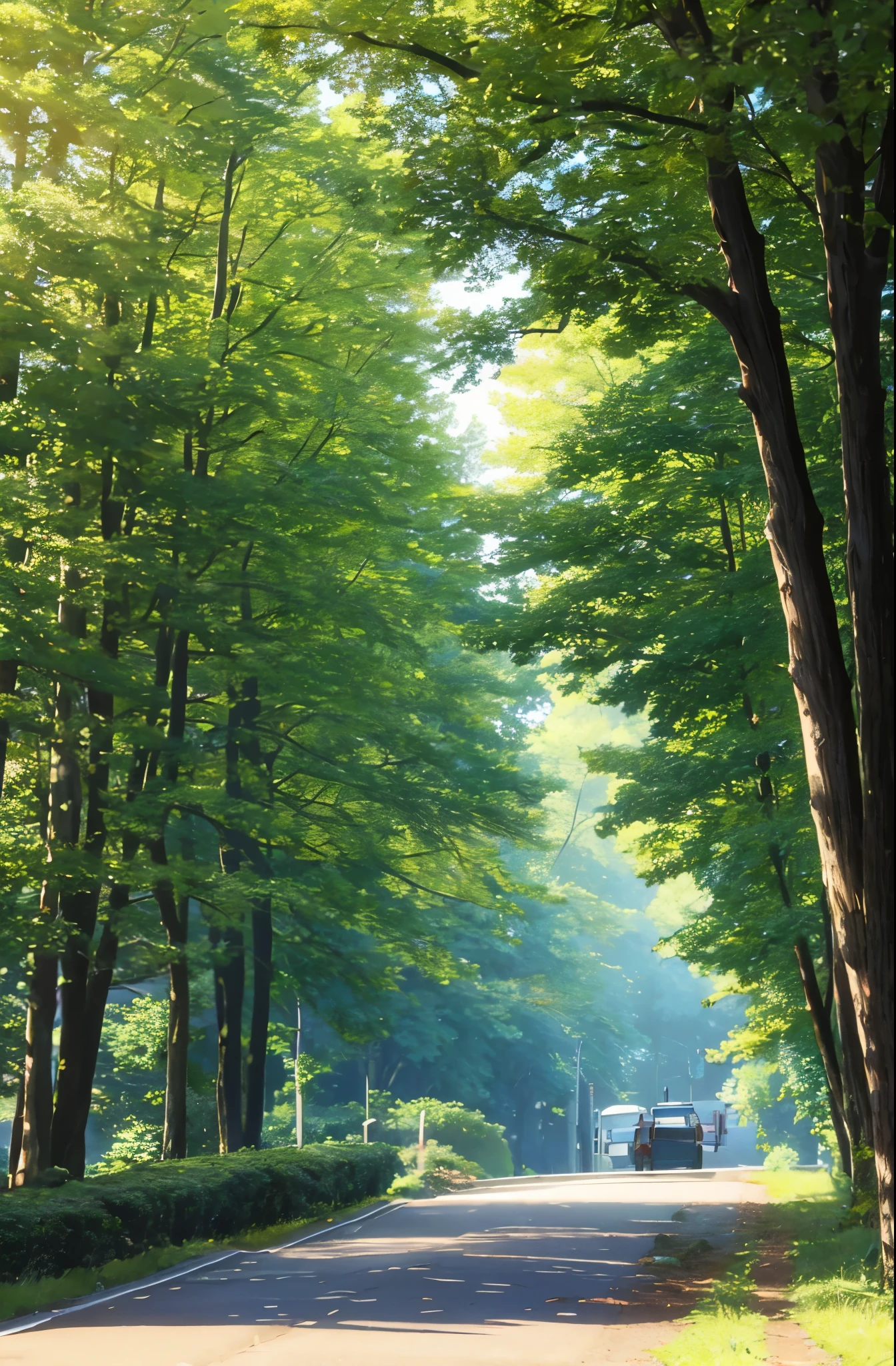 Peaceful and serene image. Gentle rustling of leaves. Road untouched. Tall trees provide shelter. Warm sun creates happiness.