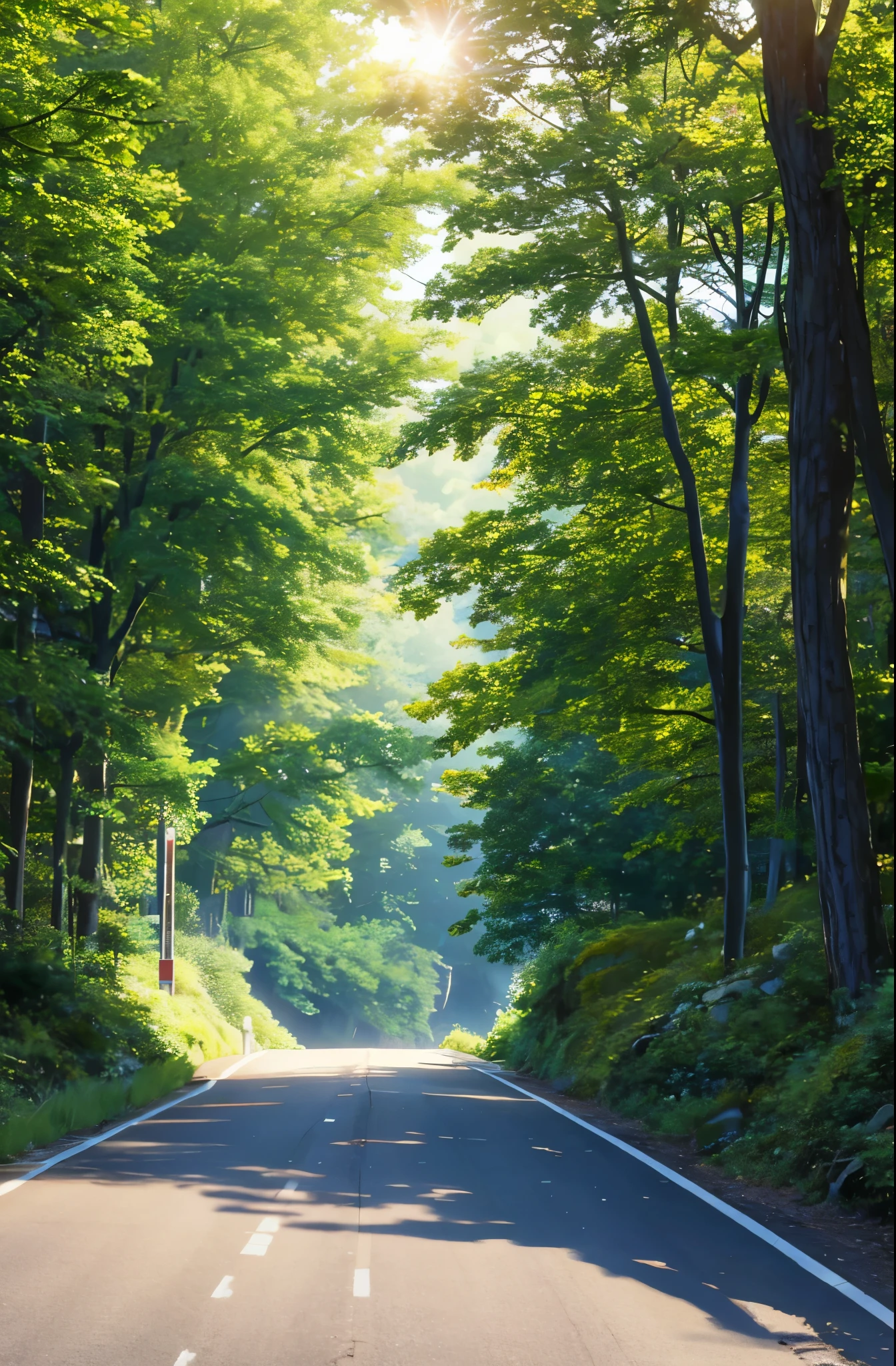 Peaceful and serene image. Gentle rustling of leaves. Road untouched. Tall trees provide shelter. Warm sun creates happiness.