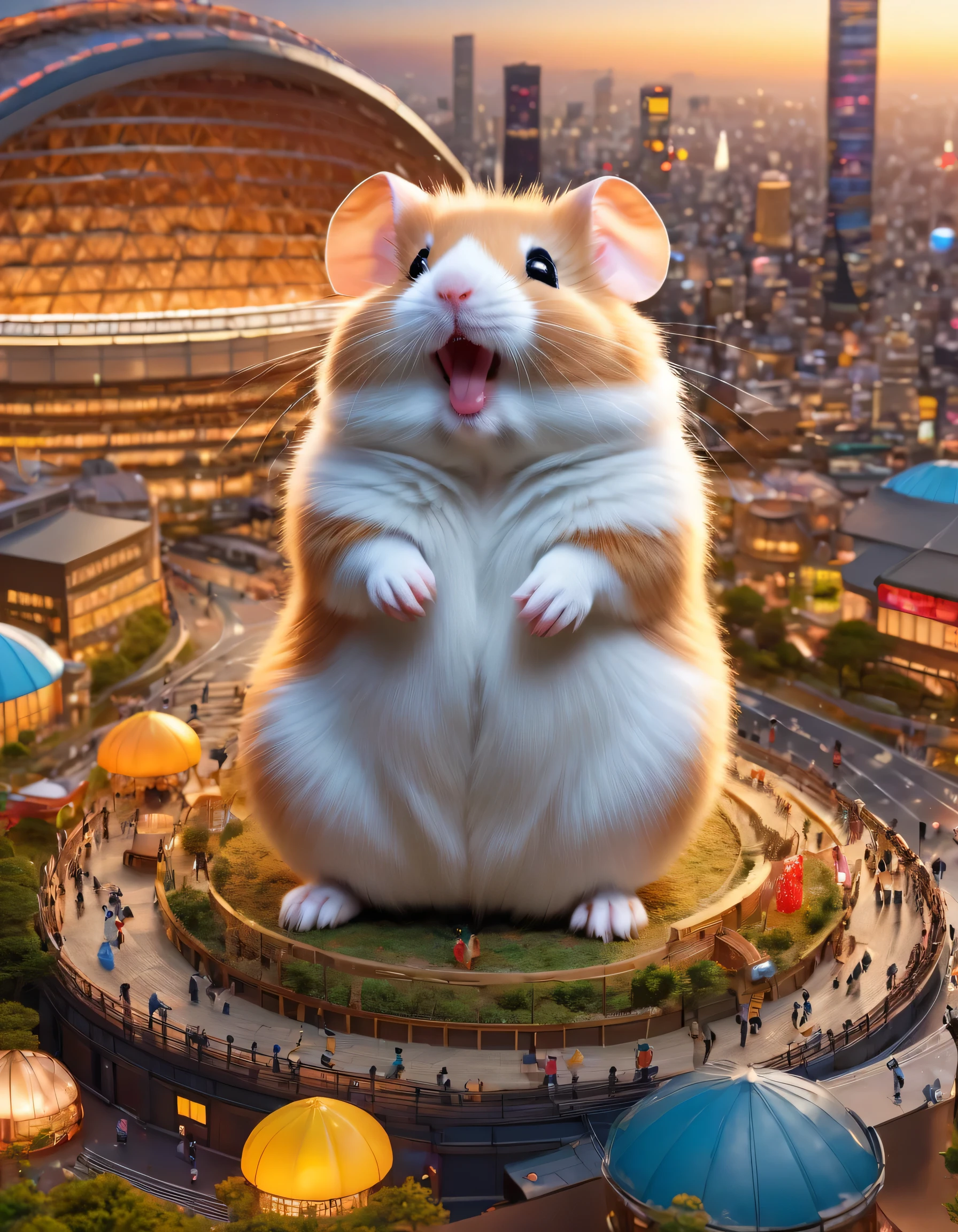 giant hamster,A giant hamster is sleeping on top of Tokyo Dome,Giant hamster:cute:fluffy:超cute:big size,diorama,ultra joyful,Happy,happiness,destroy and play,dioramaとハムスター,masterpiece,最高masterpiece,A wonderful photo that makes the viewer feel Happy,anatomically correct,structurally correct,cool lighting,perfect composition,Optimal configuration,rich colors,Cast colorful spells,intricate details,In detail,fantasy,reality,fluffyなハムスター,最高にcuteハムスター,wonderful,hamster too big,the city is too small,