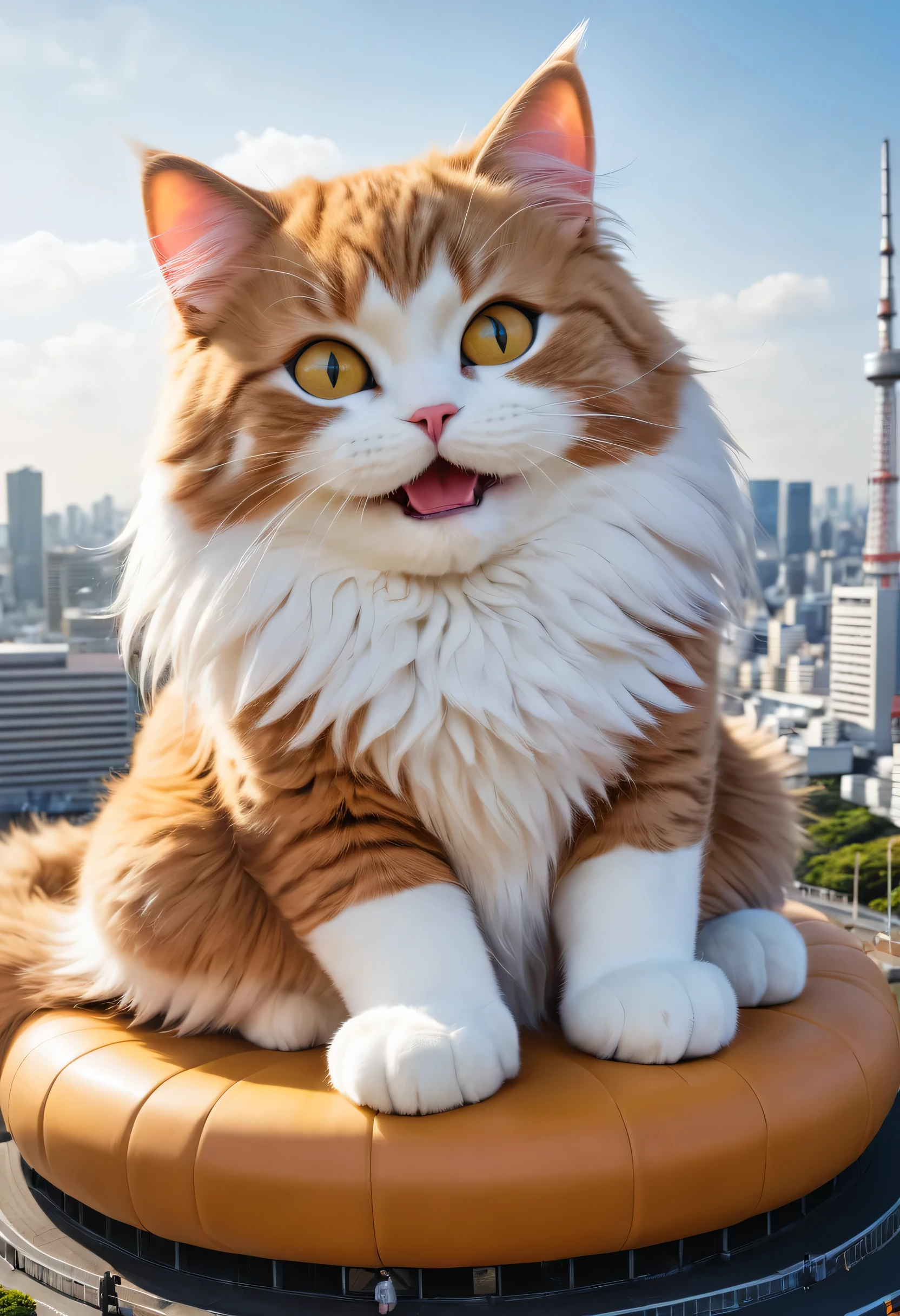 A giant cat is taking a nap on top of Tokyo Dome,big cat:cute:fluffy:超cute:big size,diorama,ultra joyful,Happy,happiness,destroy and play,dioramaと猫,masterpiece,最高masterpiece,A wonderful photo that makes the viewer feel Happy,anatomically correct,structurally correct,cool lighting,perfect composition,Optimal configuration,rich colors,Cast colorful spells,intricate details,In detail,fantasy,reality,fluffyな猫,最高にcute猫,wonderful,cat is too big,the city is too small,minuet,treat the car like a toy,Look above,curiosity,smooth fur:fluffyの毛皮