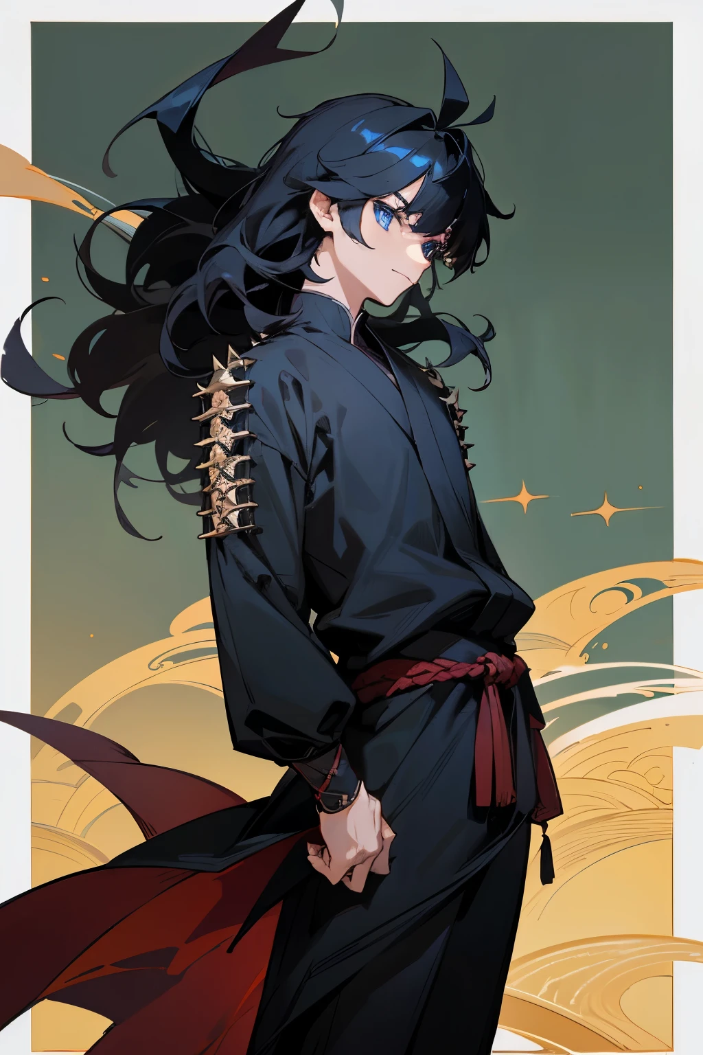 1male , Young Male , Black Longsleeve Shirt , Black Hair , Wavy Hair , Medium Length Spiky Hair , Bright Blue Eyes , Ninja Clothing , Intricate Detail , Perfect Generation , Standing on path , Temple background , Spiky Bangs