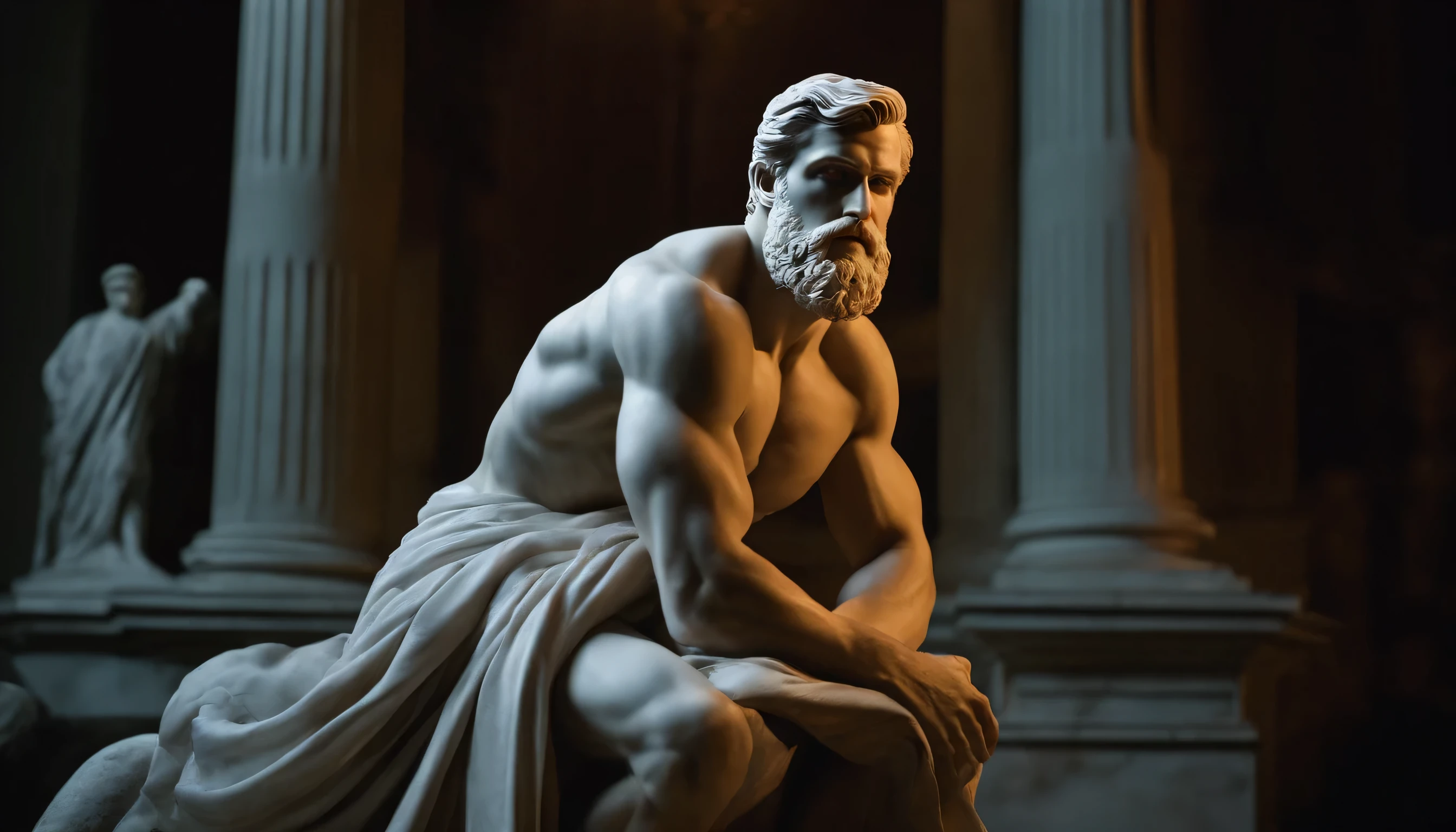 A white marble statue of a muscle, Bearded man with a stern look in a dark square at night, in the style of photographers Annie Leibovitz and Peter Lindbergh.