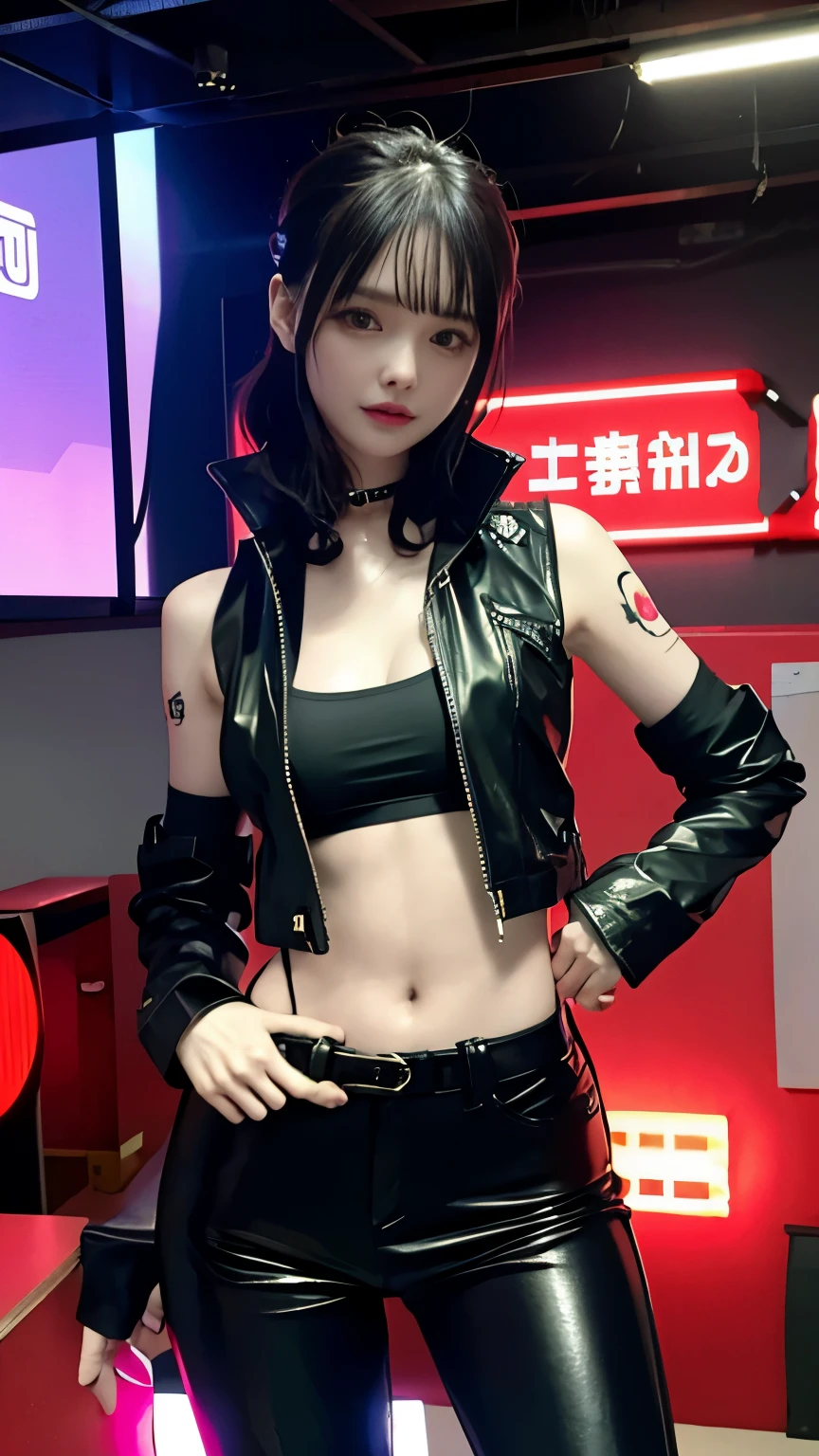 (highest quality)，masterpiece，Super detailed，8K, UHD，Beautiful woman，japanese woman，No expression，whole body，((tattoo))，slim，black leather pants，black leather vest，(female mafia)，gangster，(cyberpunk city)，night，cinematic lightening，underworld