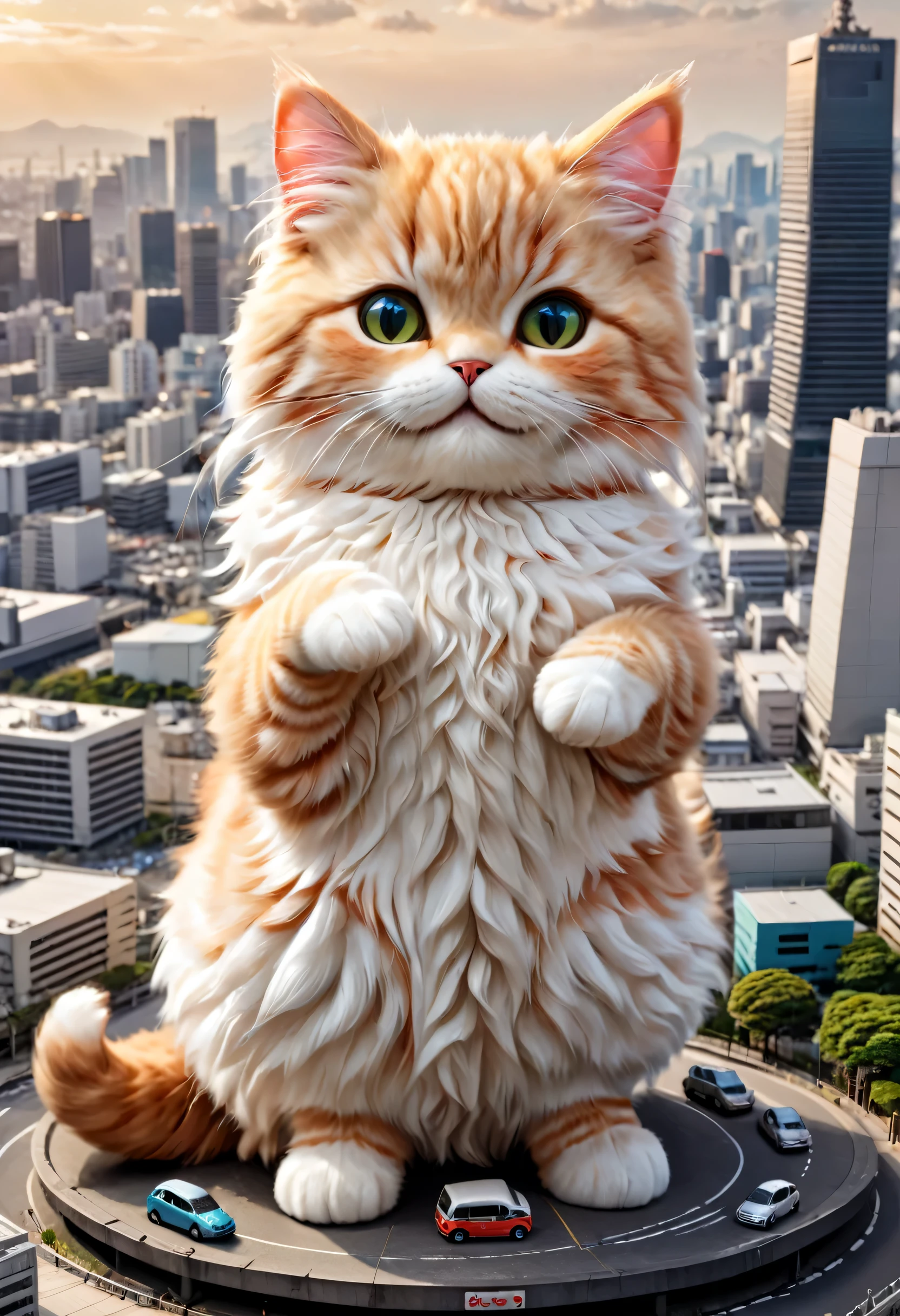 A giant cat is taking a nap on top of Tokyo Dome,big cat:cute:fluffy:超cute:big size,diorama,ultra joyful,Happy,happiness,destroy and play,dioramaと猫,masterpiece,最高masterpiece,A wonderful photo that makes the viewer feel Happy,anatomically correct,structurally correct,cool lighting,perfect composition,Optimal configuration,rich colors,Cast colorful spells,intricate details,In detail,fantasy,reality,fluffyな猫,最高にcute猫,wonderful,cat is too big,the city is too small,minuet,treat the car like a toy,Look above,curiosity,smooth fur:fluffyの毛皮