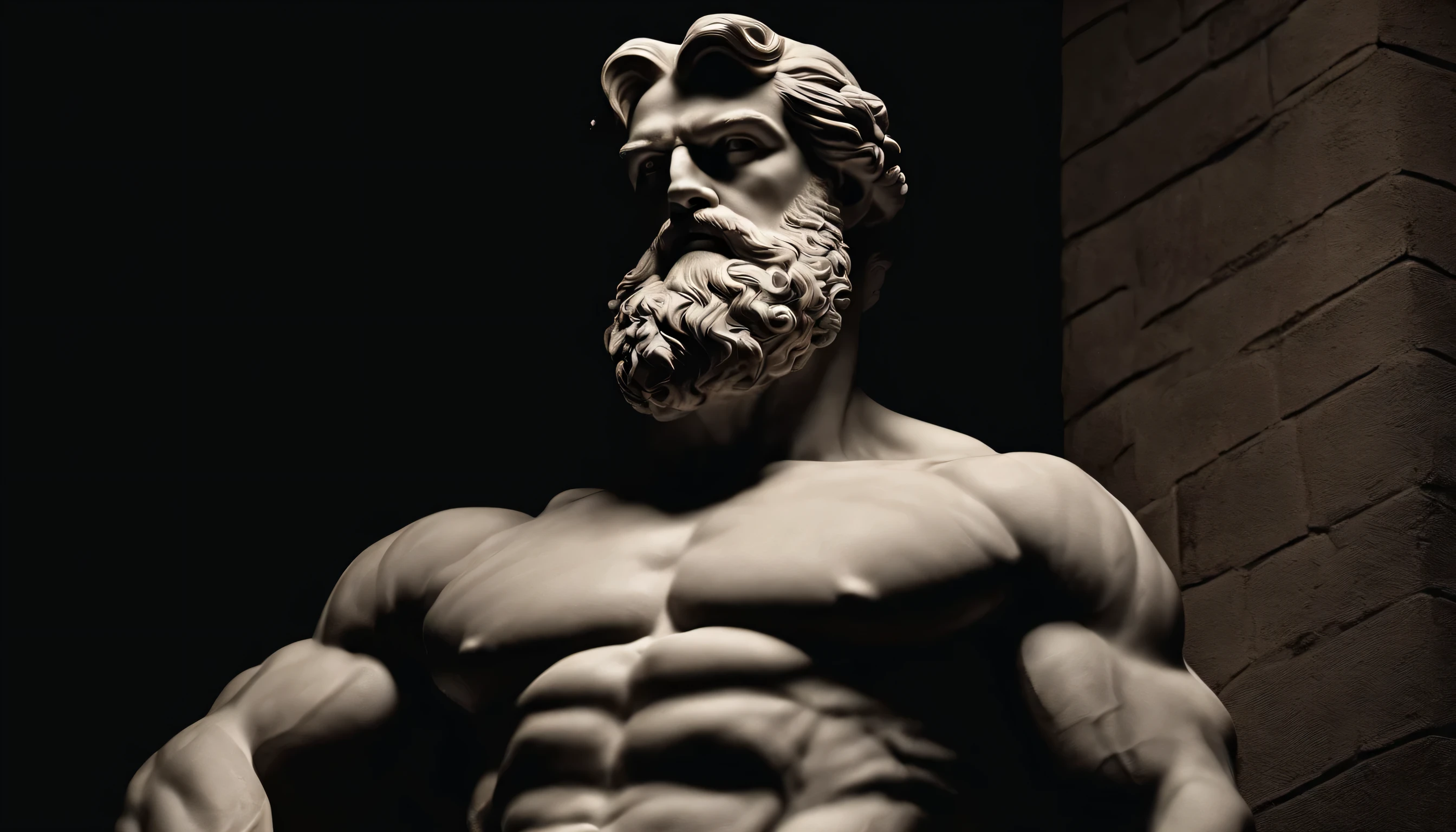 A white marble statue of a muscle, Bearded man with a stern look in a dark square at night, in the style of photographers Annie Leibovitz and Peter Lindbergh.