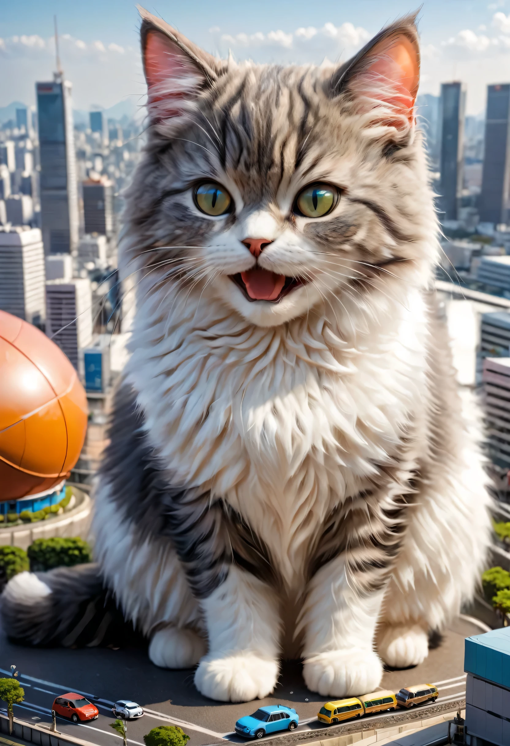 A giant cat is taking a nap on top of Tokyo Dome,big cat:cute:fluffy:超cute:big size,diorama,ultra joyful,Happy,happiness,destroy and play,dioramaと猫,masterpiece,最高masterpiece,A wonderful photo that makes the viewer feel Happy,anatomically correct,structurally correct,cool lighting,perfect composition,Optimal configuration,rich colors,Cast colorful spells,intricate details,In detail,fantasy,reality,fluffyな猫,最高にcute猫,wonderful,cat is too big,the city is too small,minuet,treat the car like a toy,open your mouth,curiosity,smooth fur:fluffyの毛皮