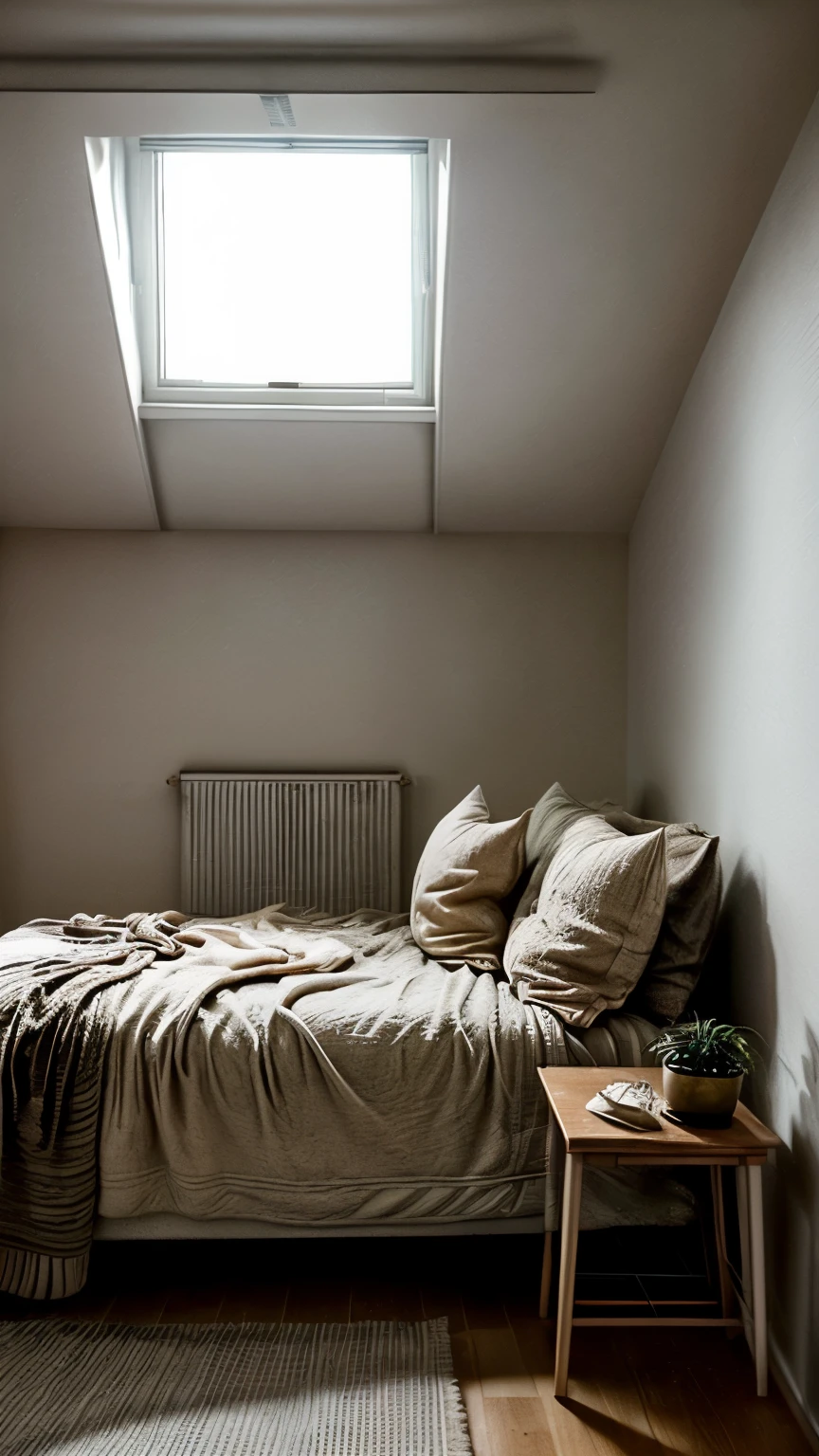 Picture a cozy studio bedroom with minimalist aesthetics and a serene atmosphere. The room is painted in soft, neutral tones, creating a sense of calm and spaciousness. Large windows allow plenty of natural light to flood the space, illuminating the simple yet stylish furnishings. A comfortable bed with crisp white linens sits against one wall, adorned with a few plush throw pillows in muted colors. Across from the bed, a sleek wooden desk serves as a workspace, neatly organized with a laptop and a few decorative items. A potted plant adds a touch of greenery to the room, while a modern floor lamp provides warm, ambient lighting in the evenings. Overall, this studio bedroom exudes a sense of tranquility and understated elegance, making it the perfect retreat for relaxation and creative inspiration.