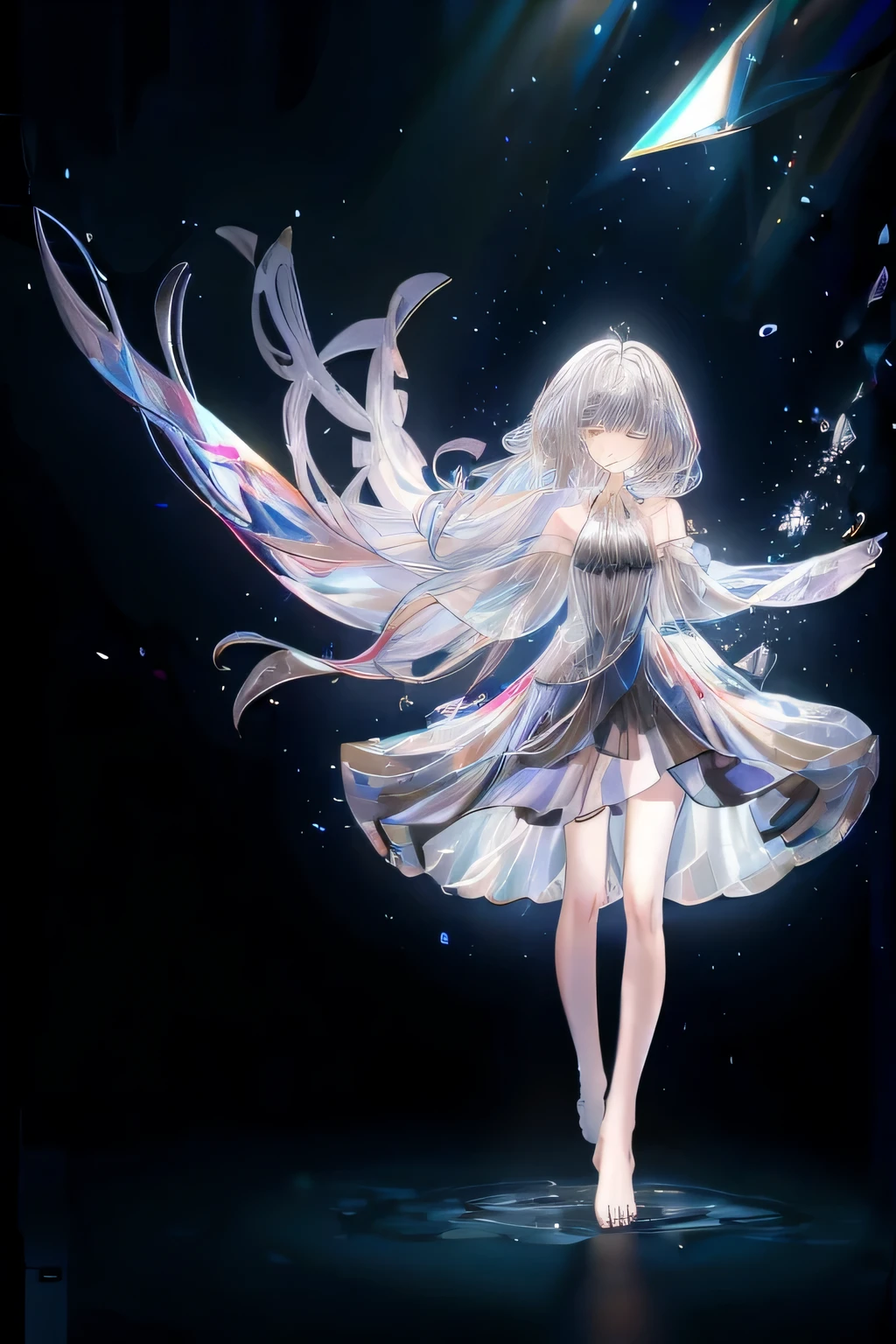 Lilac gradient hair,asymmetrical hair,（（Hair is very thick 1.8，chiseled head 1.6））， hair past shoulders, messy hair, very long hair, shiny hair，(long gray hair:1.2),a beautiful girl，（Luxurious Platinum Mini Lolita，Made of transparent material），（Transparent clothes transparent 1.8），Perfect body，high and high，Slim，(looks sad，haggard face、haggard face、pale nipples ，sad，shut your mouth：1.2） Against the backdrop of an unusually bright dark starry sky，stand up（Put your hands behind your back），（round,  Big deal, firm breasts），barefoot，float，water surface，（long legs，long legs，long legs，Gestalt），full-body shot
