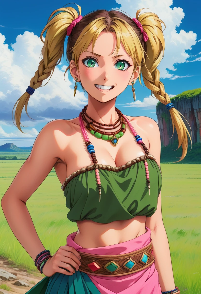 score_9, score_8_up, score_7_up, source_anime BREAK 1girl, solo,  vanille, twintails, green eyes, tribal jewelry, necklace, bracelet, beads, pink crop top, belt, sarong, clothes around waist, waist up, rock formations, blue sky, field, landscape, cloud trails, looking at you, happy, open mouth, medium breasts