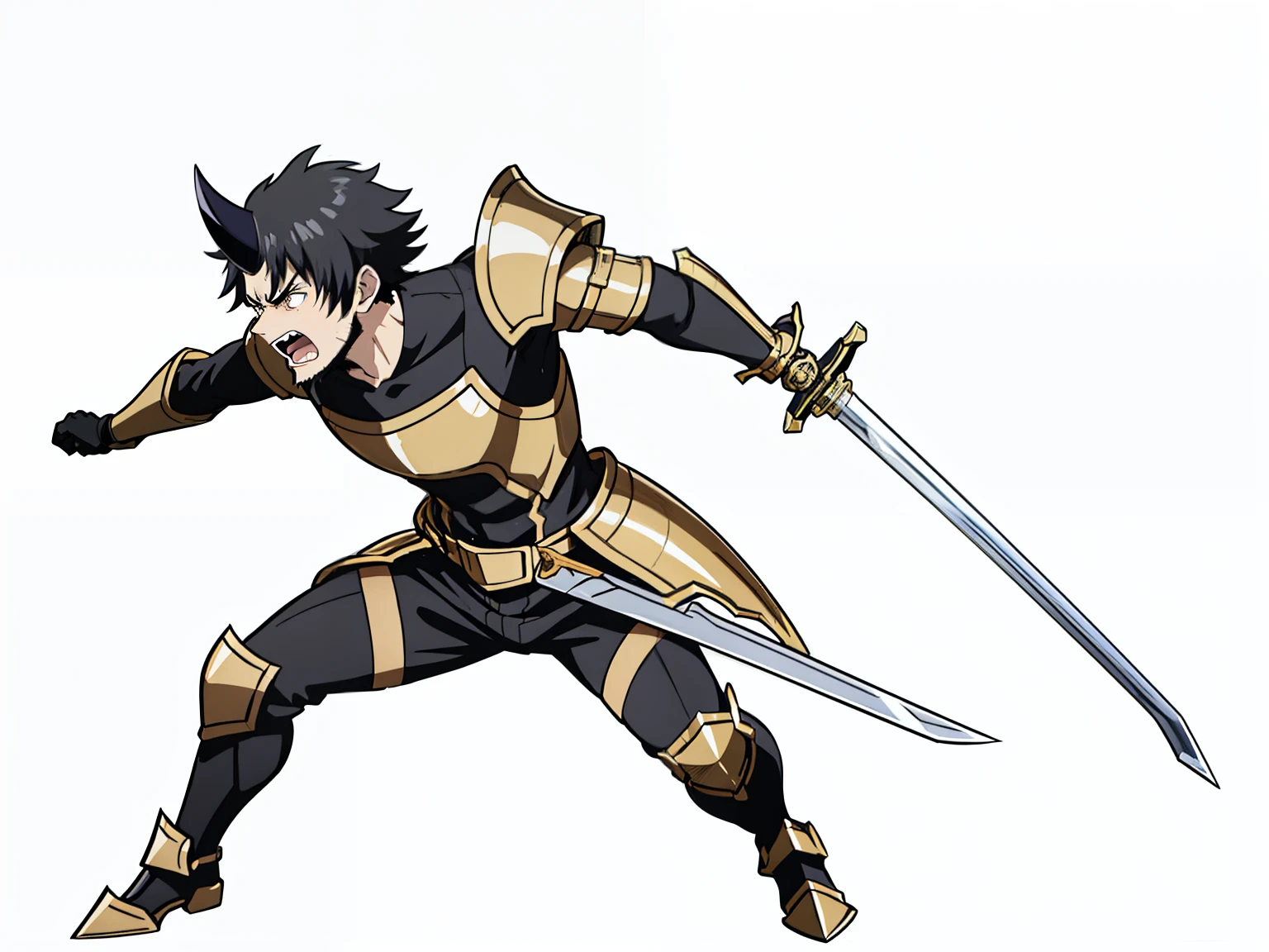 1boy,20 years old,black horn,short hair,black hair,goatee,(golden armor),(white background,line drawing),angry,action pose,open mouth,attacking,reaching out,leaning forward,holding a sword