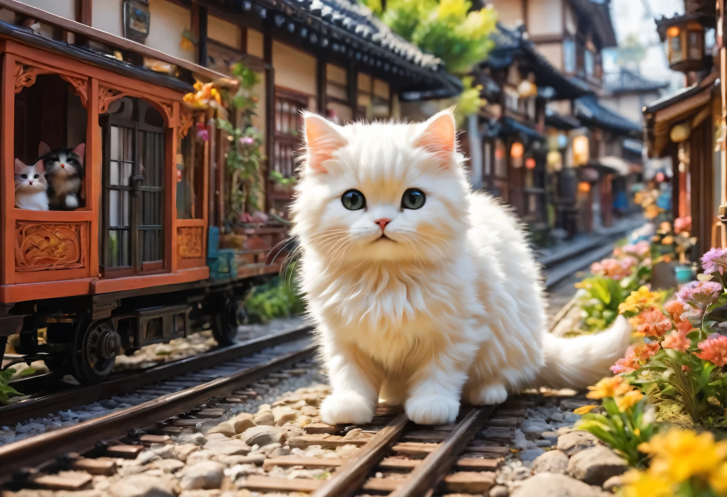 A giant cat rampages through a miniature city,trainを持ち上げる猫,big cat:cute:fluffy:超cute:big size,diorama:line:train,ultra joyful,Happy,happiness,destroy and play,dioramaと猫,masterpiece,最高masterpiece,A wonderful photo that makes the viewer feel Happy,anatomically correct,structurally correct,cool lighting,perfect composition,Optimal configuration,rich colors,Cast colorful spells,intricate details,In detail,fantasy,reality,fluffyな猫,最高にcute猫,wonderful,cat is too big,the city is too small,minuet