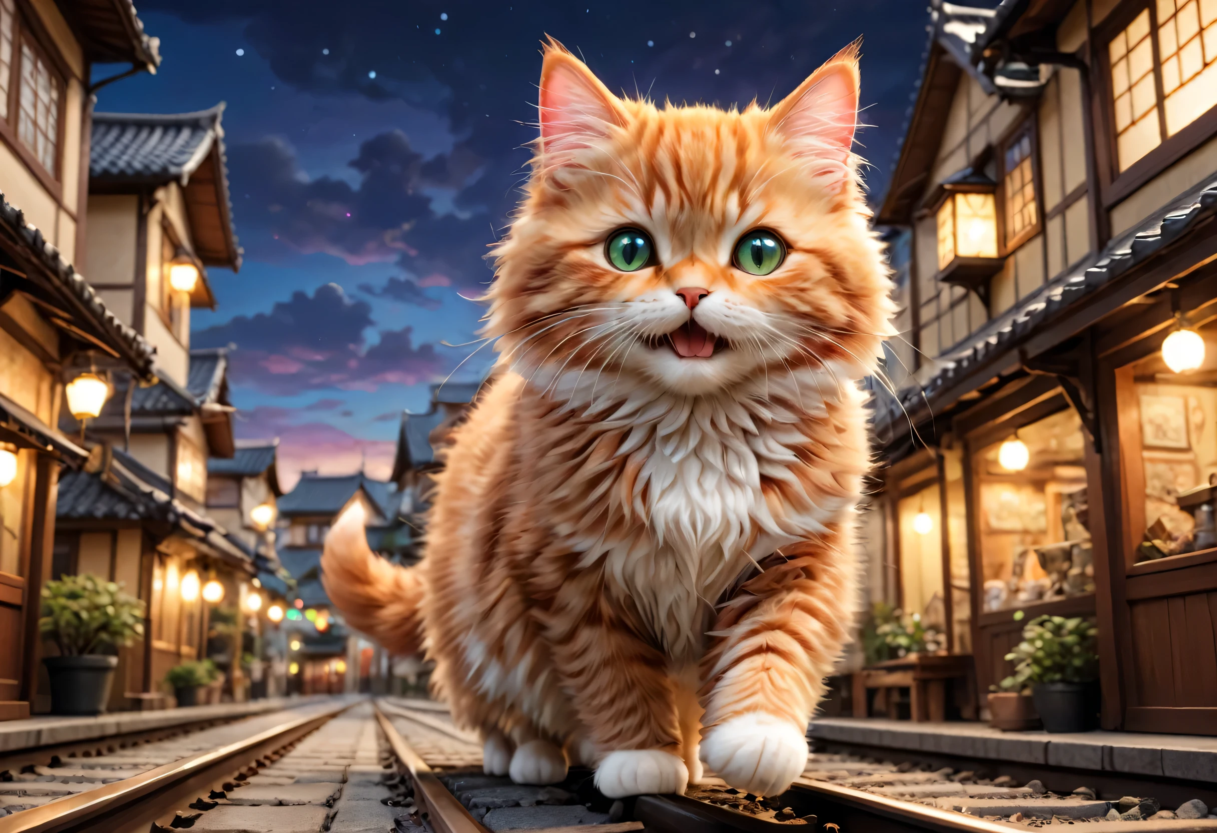 A giant cat rampages through a miniature city,trainを持ち上げる猫,big cat:cute:fluffy:超cute:big size,diorama:line:train,ultra joyful,Happy,happiness,destroy and play,dioramaと猫,masterpiece,最高masterpiece,A wonderful photo that makes the viewer feel Happy,anatomically correct,structurally correct,cool lighting,perfect composition,Optimal configuration,rich colors,Cast colorful spells,intricate details,In detail,fantasy,reality,fluffyな猫,最高にcute猫,wonderful,cat is too big,the city is too small,minuet