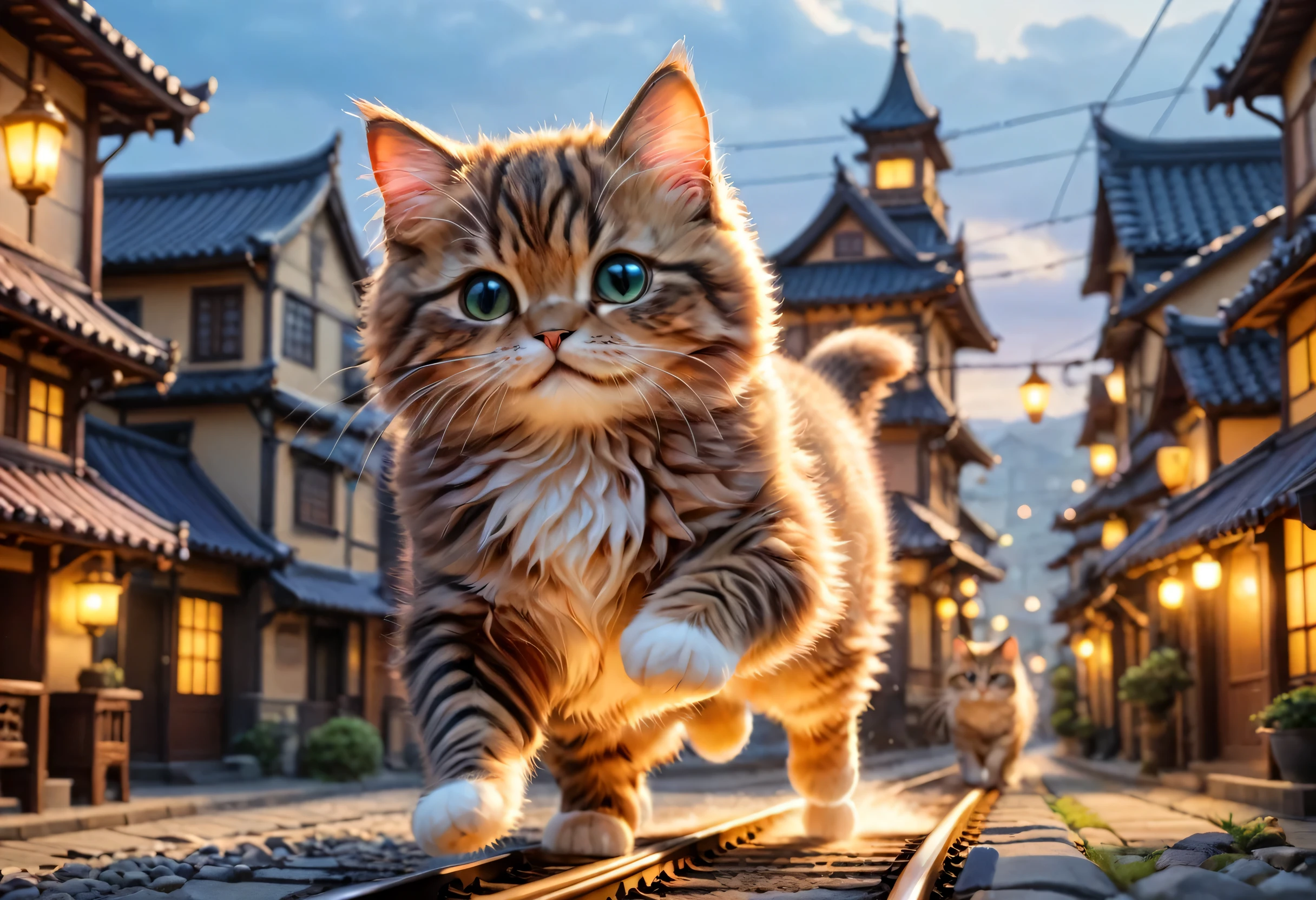 A giant cat rampages through a miniature city,trainを持ち上げる猫,big cat:cute:fluffy:超cute:big size,diorama:line:train,ultra joyful,Happy,happiness,destroy and play,dioramaと猫,masterpiece,最高masterpiece,A wonderful photo that makes the viewer feel Happy,anatomically correct,structurally correct,cool lighting,perfect composition,Optimal configuration,rich colors,Cast colorful spells,intricate details,In detail,fantasy,reality,fluffyな猫,最高にcute猫,wonderful,cat is too big,the city is too small