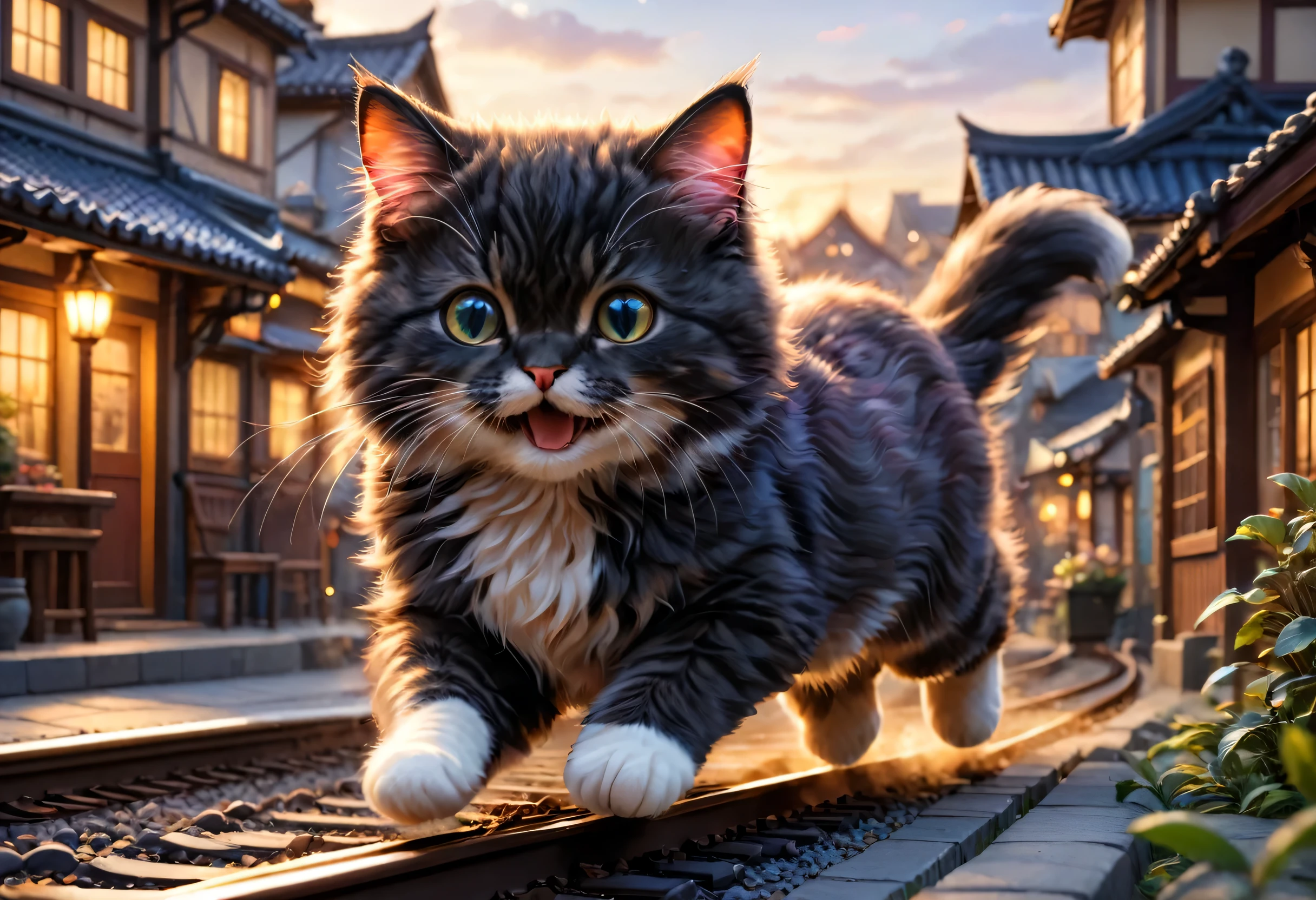 A giant cat rampages through a miniature city,trainを持ち上げる猫,big cat:cute:fluffy:超cute:big size,diorama:line:train,ultra joyful,Happy,happiness,destroy and play,dioramaと猫,masterpiece,最高masterpiece,A wonderful photo that makes the viewer feel Happy,anatomically correct,structurally correct,cool lighting,perfect composition,Optimal configuration,rich colors,Cast colorful spells,intricate details,In detail,fantasy,reality,fluffyな猫,最高にcute猫,wonderful,cat is too big,the city is too small