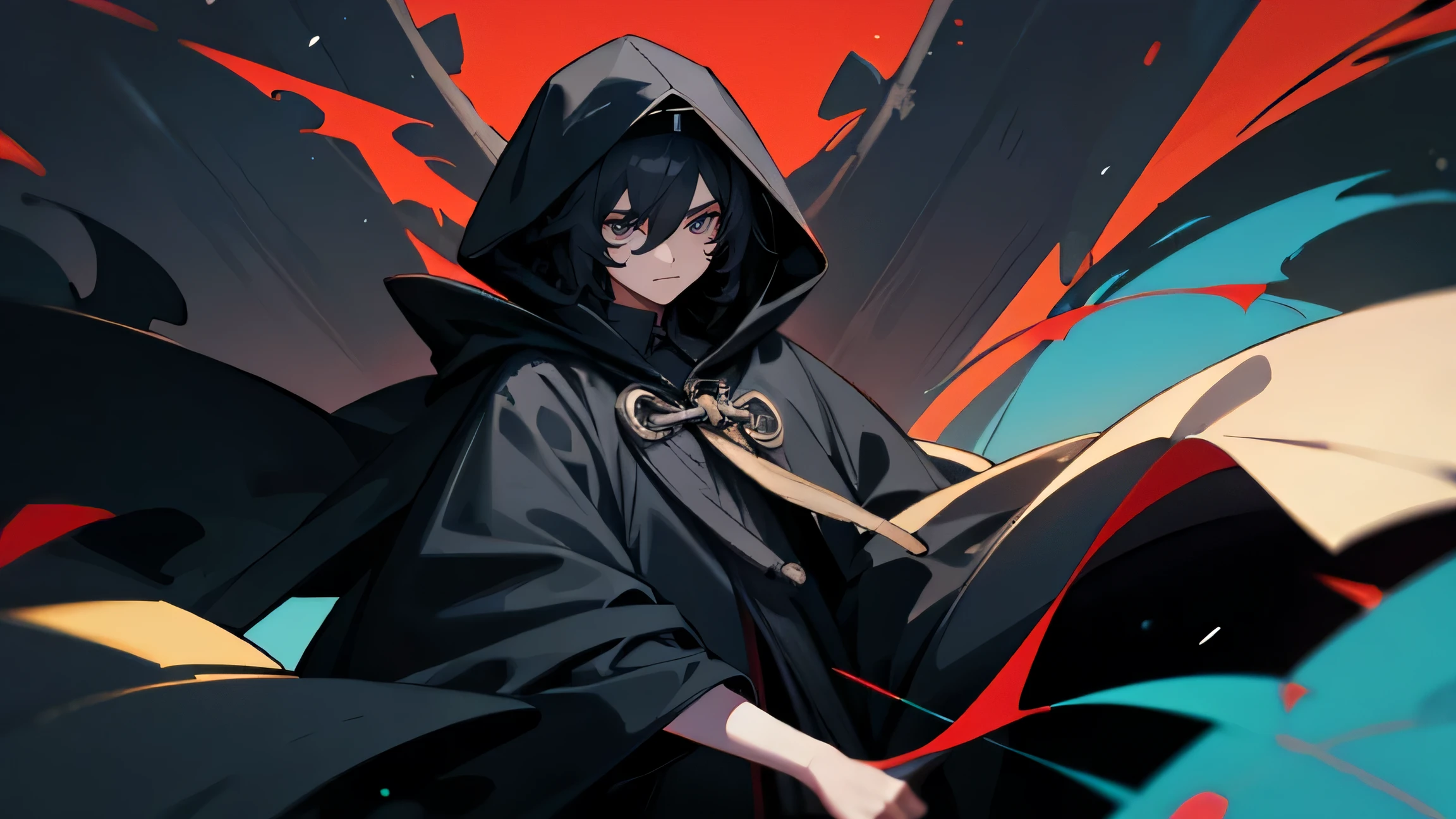 boy wearing a black hooded cloak　black hair　live broadcast