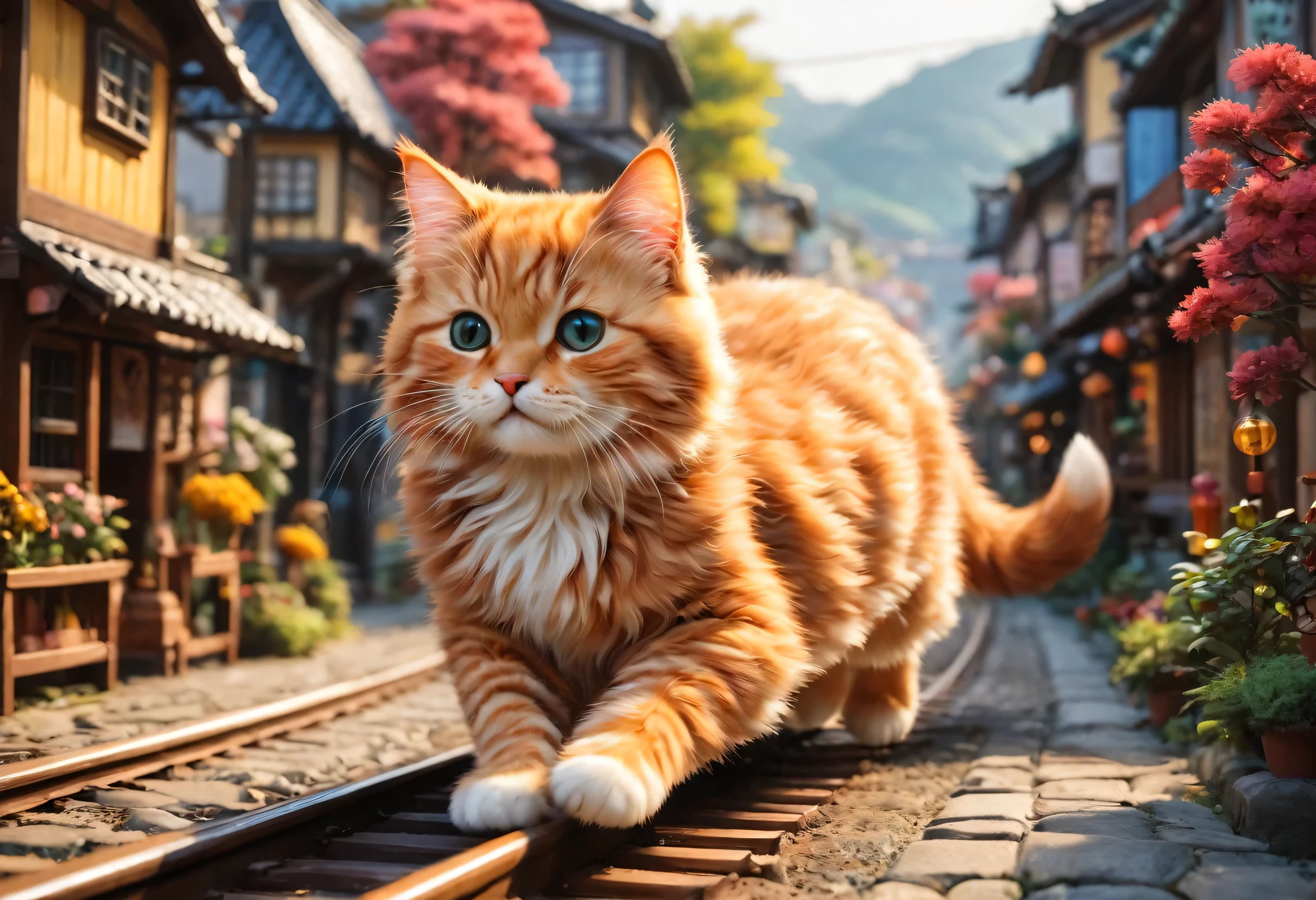 A giant cat rampages through a miniature city,trainを持ち上げる猫,big cat:cute:fluffy:超cute:big size,diorama:line:train,ultra joyful,Happy,happiness,destroy and play,dioramaと猫,masterpiece,最高masterpiece,A wonderful photo that makes the viewer feel Happy,anatomically correct,structurally correct,cool lighting,perfect composition,Optimal configuration,rich colors,Cast colorful spells,intricate details,In detail,fantasy,reality,fluffyな猫,最高にcute猫,wonderful,cat is too big,the city is too small