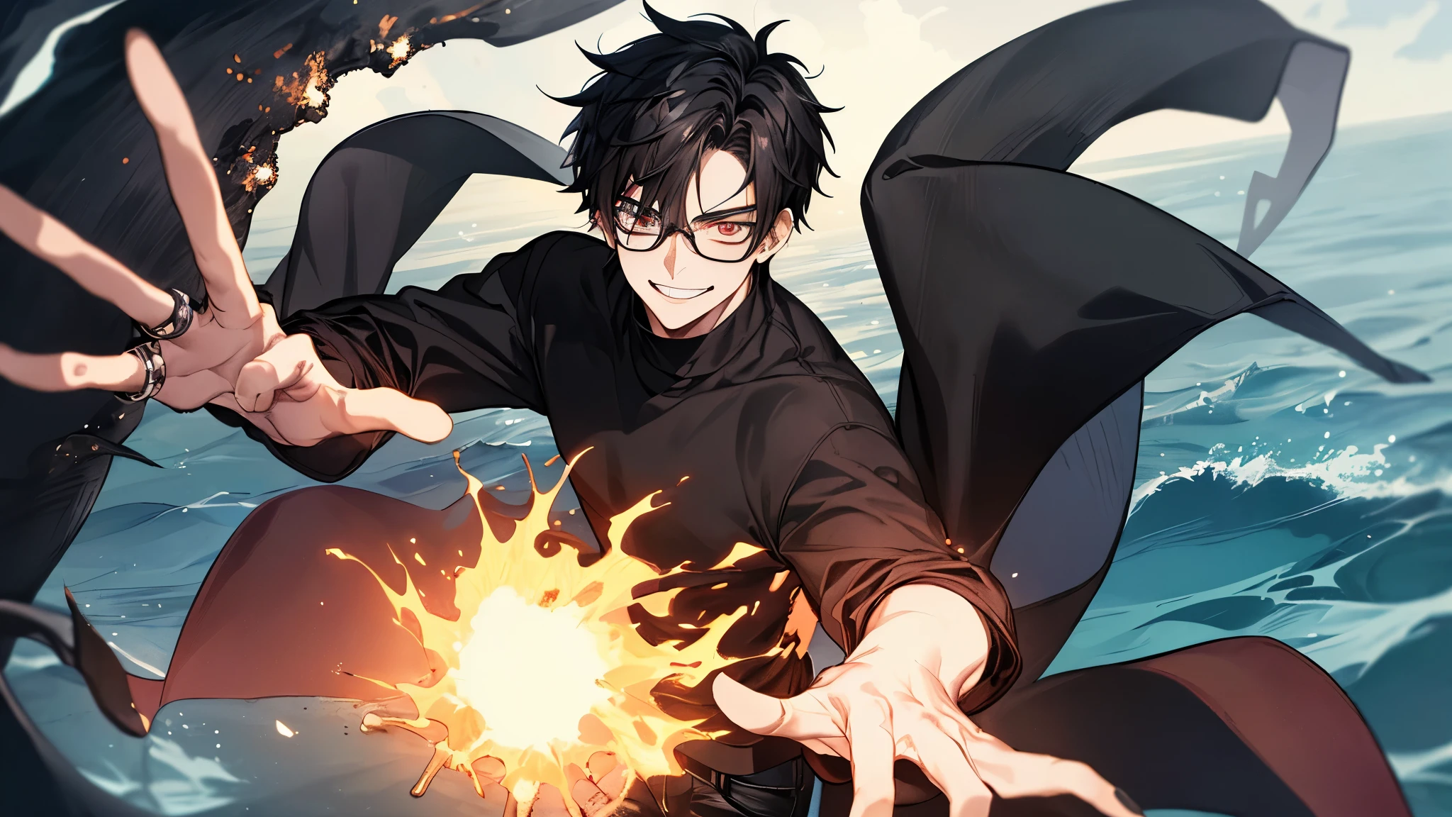 1 guy, black jeans, Black sweater, press, thin, pale, rings on fingers, black nails, glasses, Black hair, a little sporty, Glass eyes, smile, Brown eyes, guy opposite, anger, on a burning island, Nature, sea,