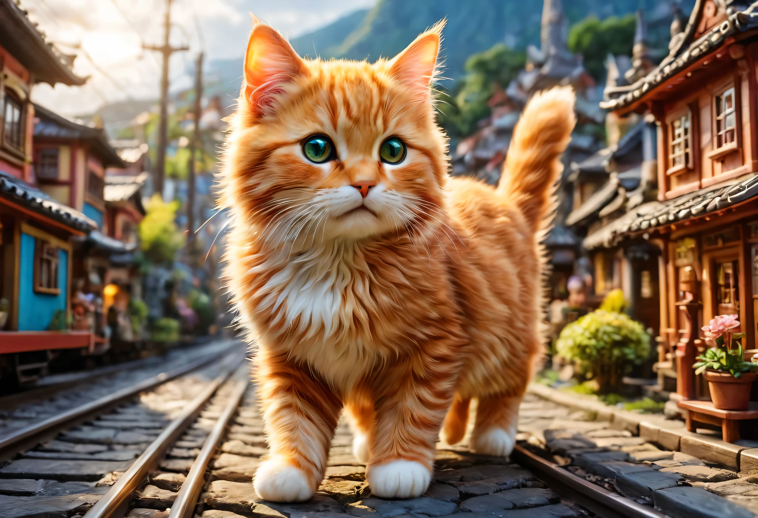 A giant cat rampages through a miniature city,trainを持ち上げる猫,big cat:cute:fluffy:超cute:big size,diorama:line:train,ultra joyful,Happy,happiness,destroy and play,dioramaと猫,masterpiece,最高masterpiece,A wonderful photo that makes the viewer feel Happy,anatomically correct,structurally correct,cool lighting,perfect composition,Optimal configuration,rich colors,Cast colorful spells,intricate details,In detail,fantasy,reality,fluffyな猫,最高にcute猫,wonderful,cat is too big,the city is too small